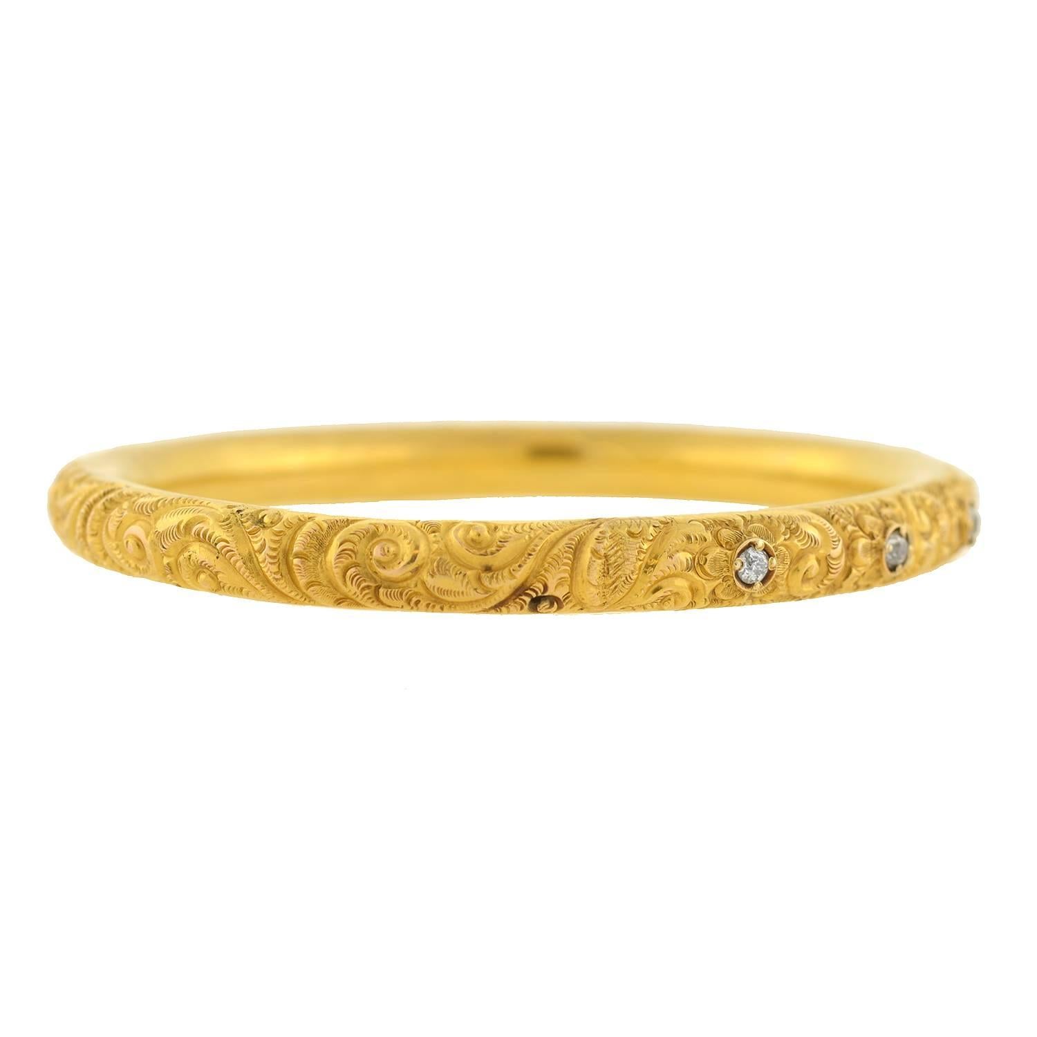 Victorian Diamond Repousse Gold Bangle Bracelet 1