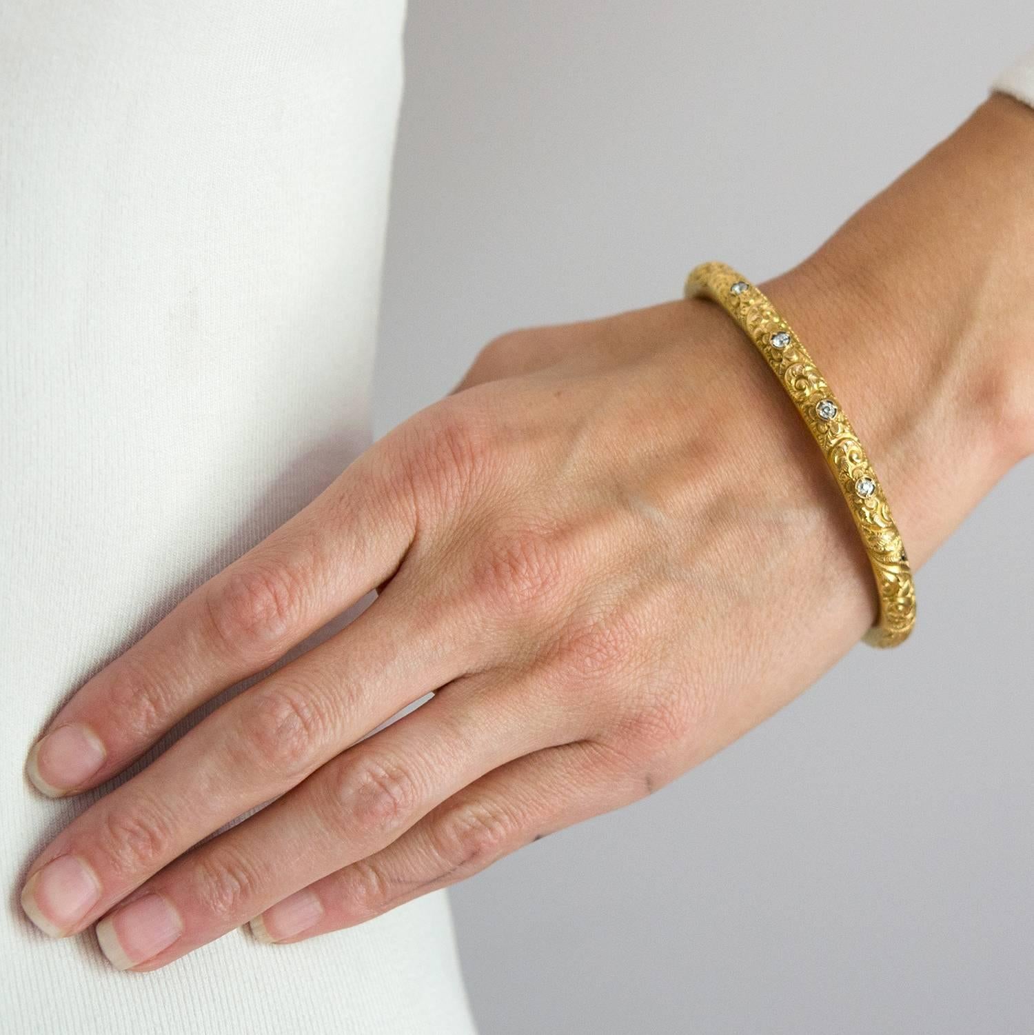 Victorian Diamond Repousse Gold Bangle Bracelet 3