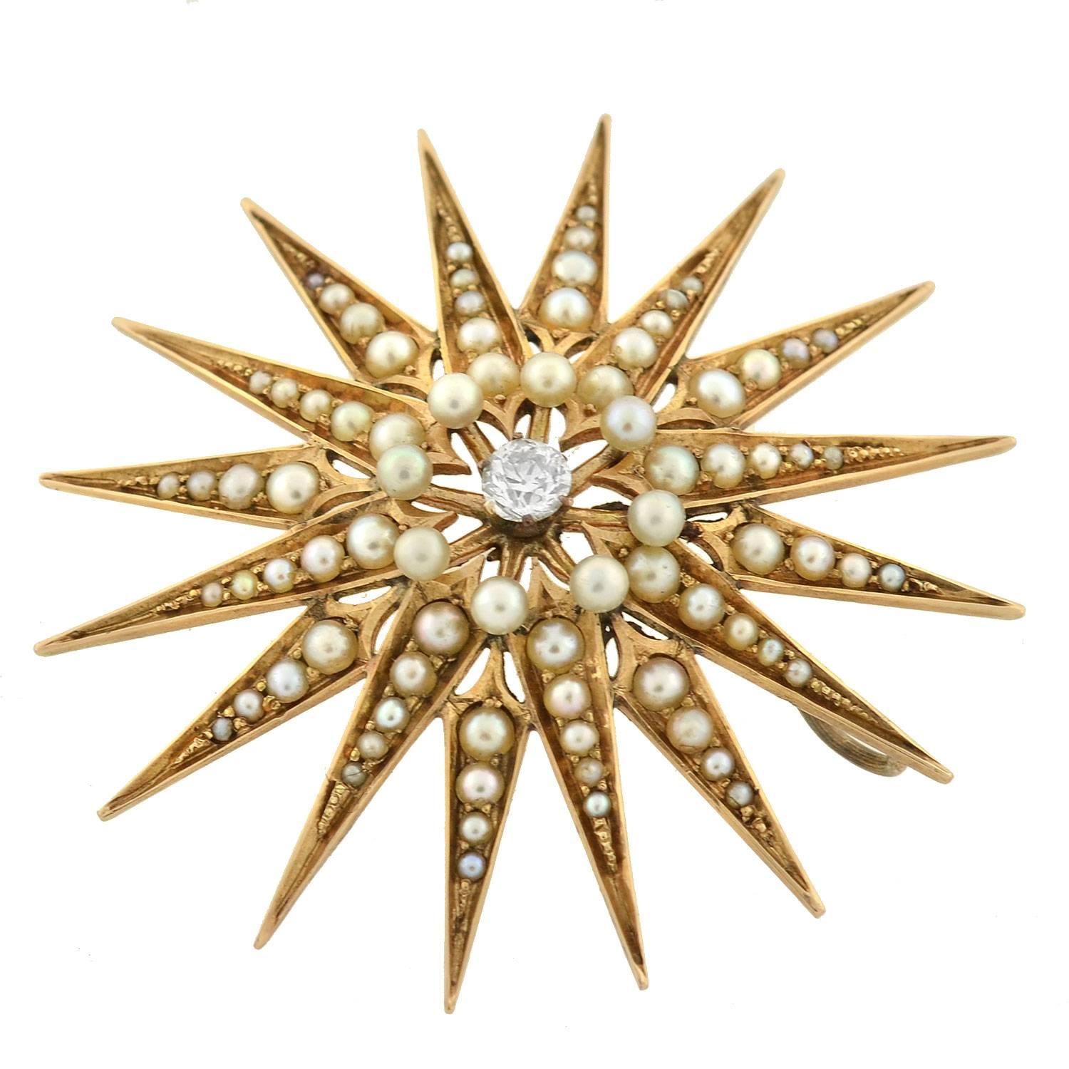 Victorian Natural Pearl Diamond gold Starburst Pendant In Excellent Condition In Narberth, PA