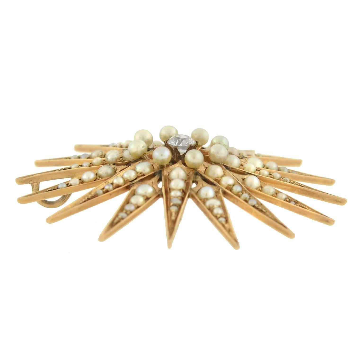 Viktorianischer Naturperlen-Diamant-Gold-Sternschnuppen-Anhänger Damen