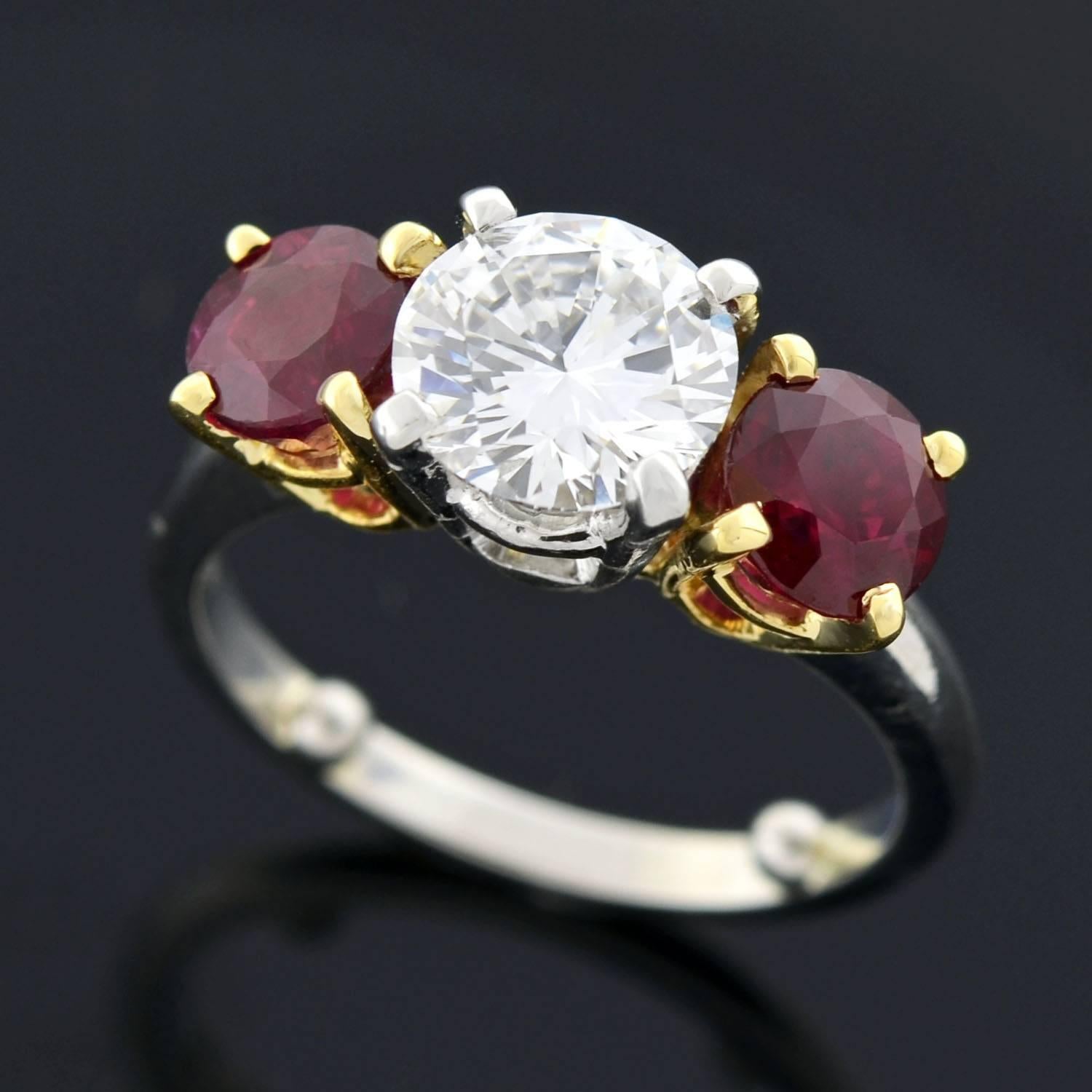 Contemporary Diamond Ruby 3-Stone Engagement Ring In Excellent Condition In Narberth, PA