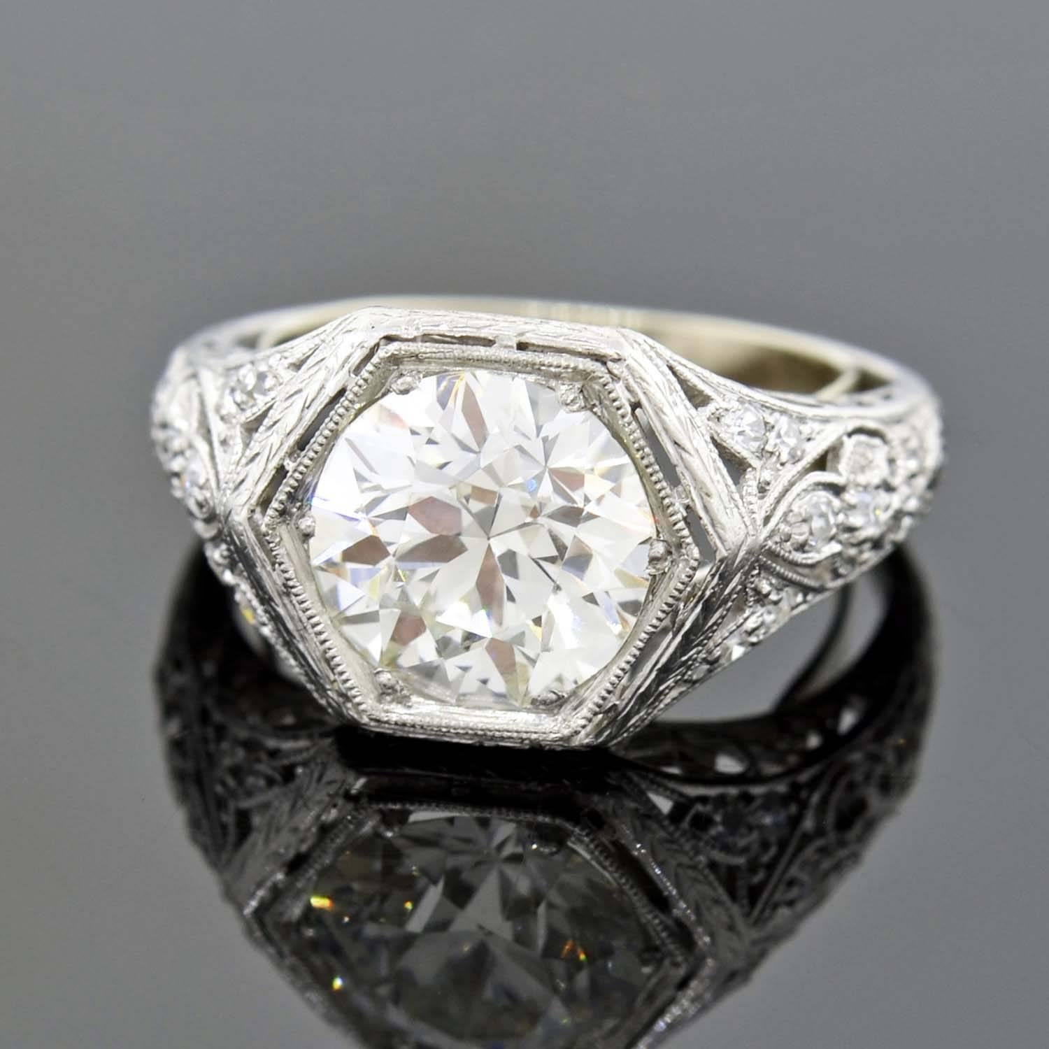 Art Deco 2.50 Carat Diamond Platinum Engagement Ring  In Excellent Condition In Narberth, PA