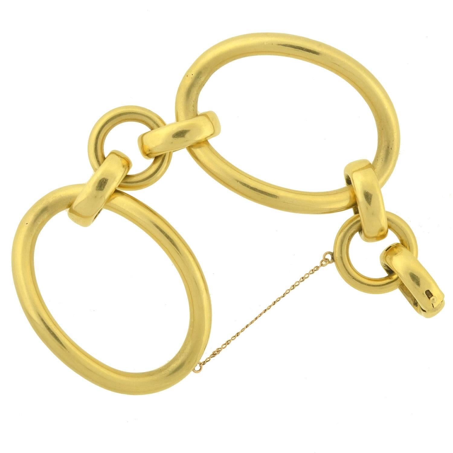 This fabulous vintage bracelet from the 1970s makes a very big statement! Italian in origin, this stylish piece is comprised of oversized 18kt gold links and chunky connector rings. When worn, the bracelet has a very substantial look and feel,