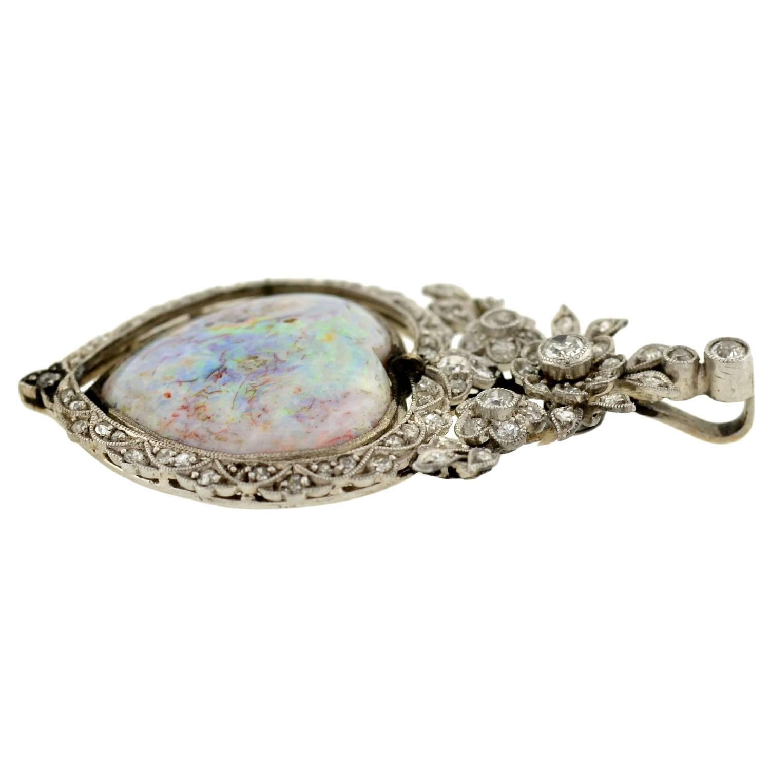 Edwardian Opal Diamond Gold Heart Pendant In Excellent Condition In Narberth, PA