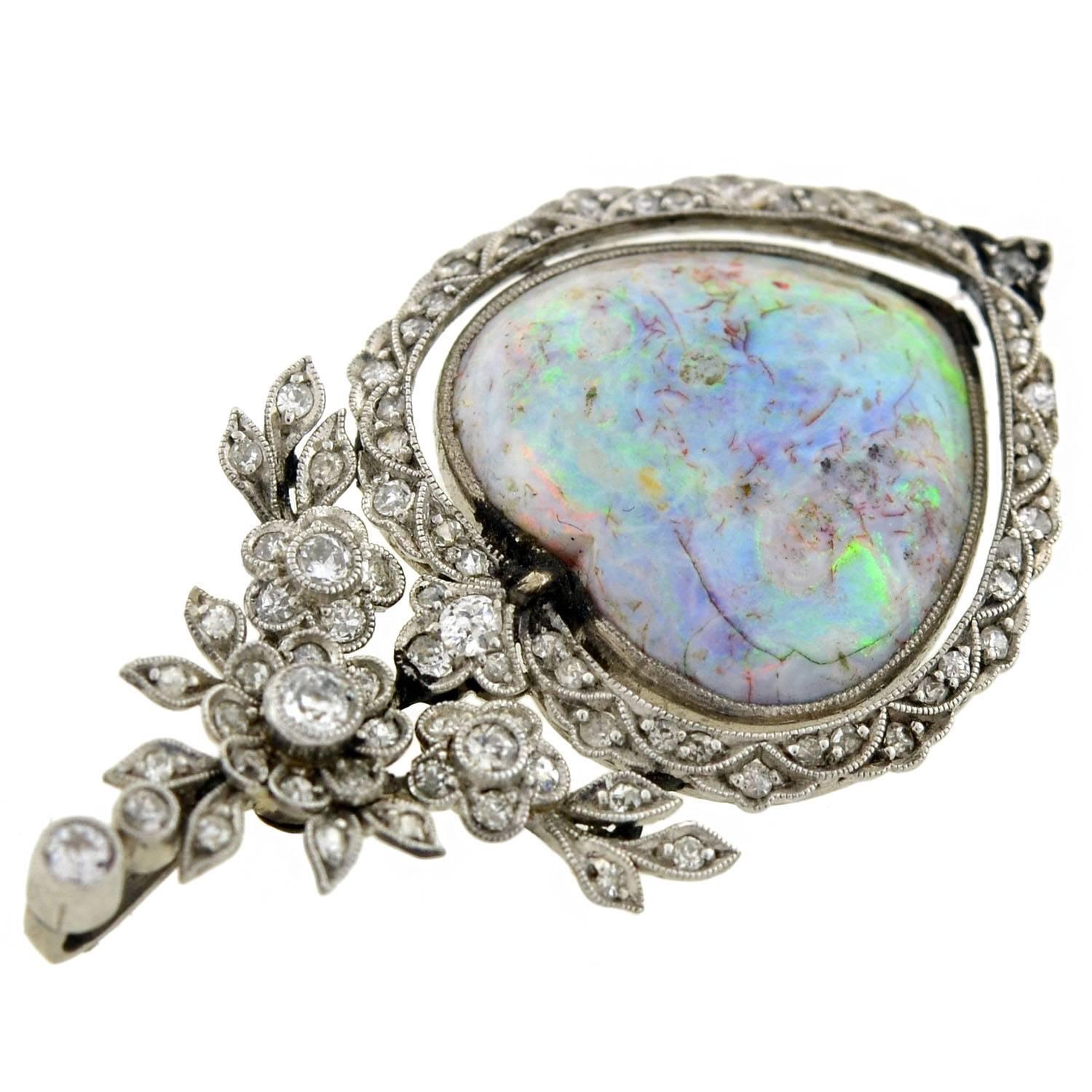 Women's Edwardian Opal Diamond Gold Heart Pendant