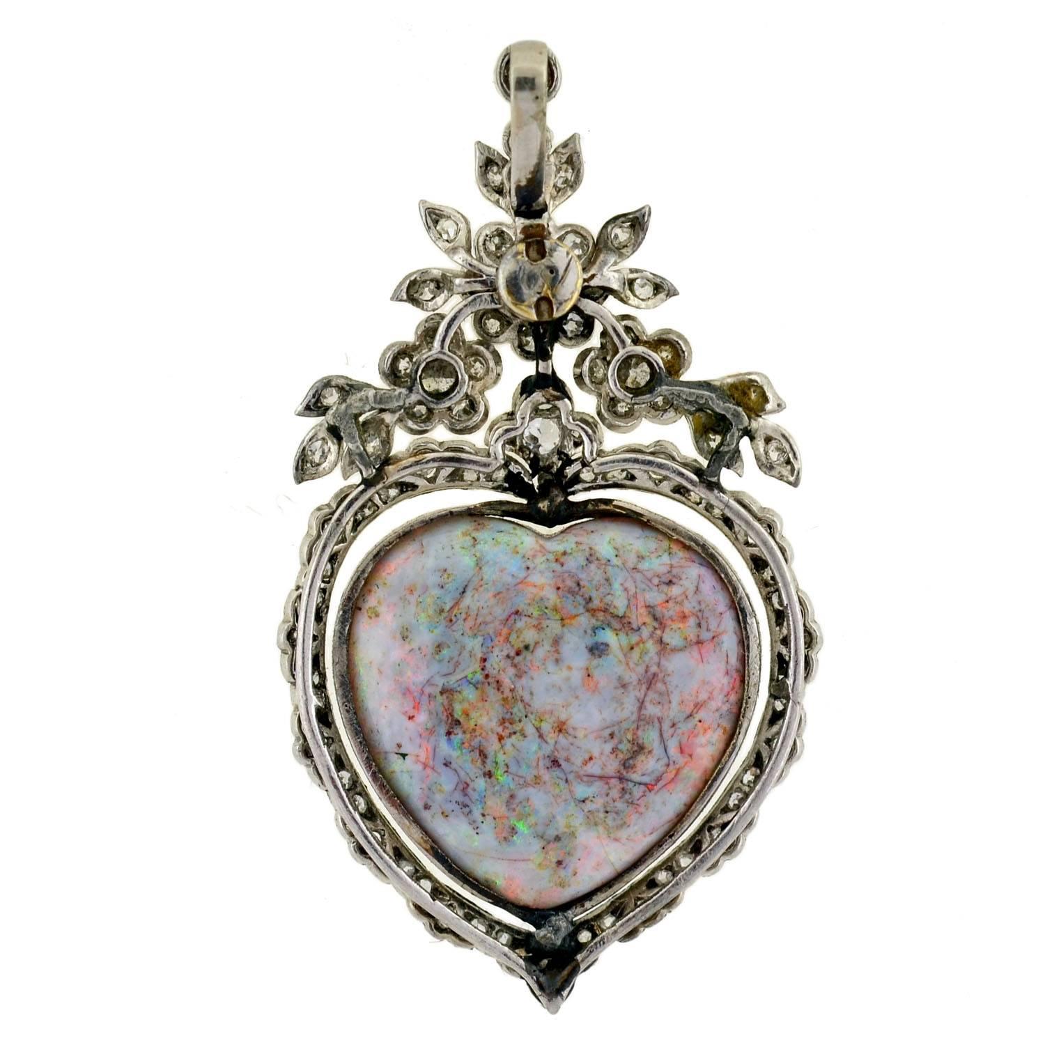 Edwardian Opal Diamond Gold Heart Pendant 1