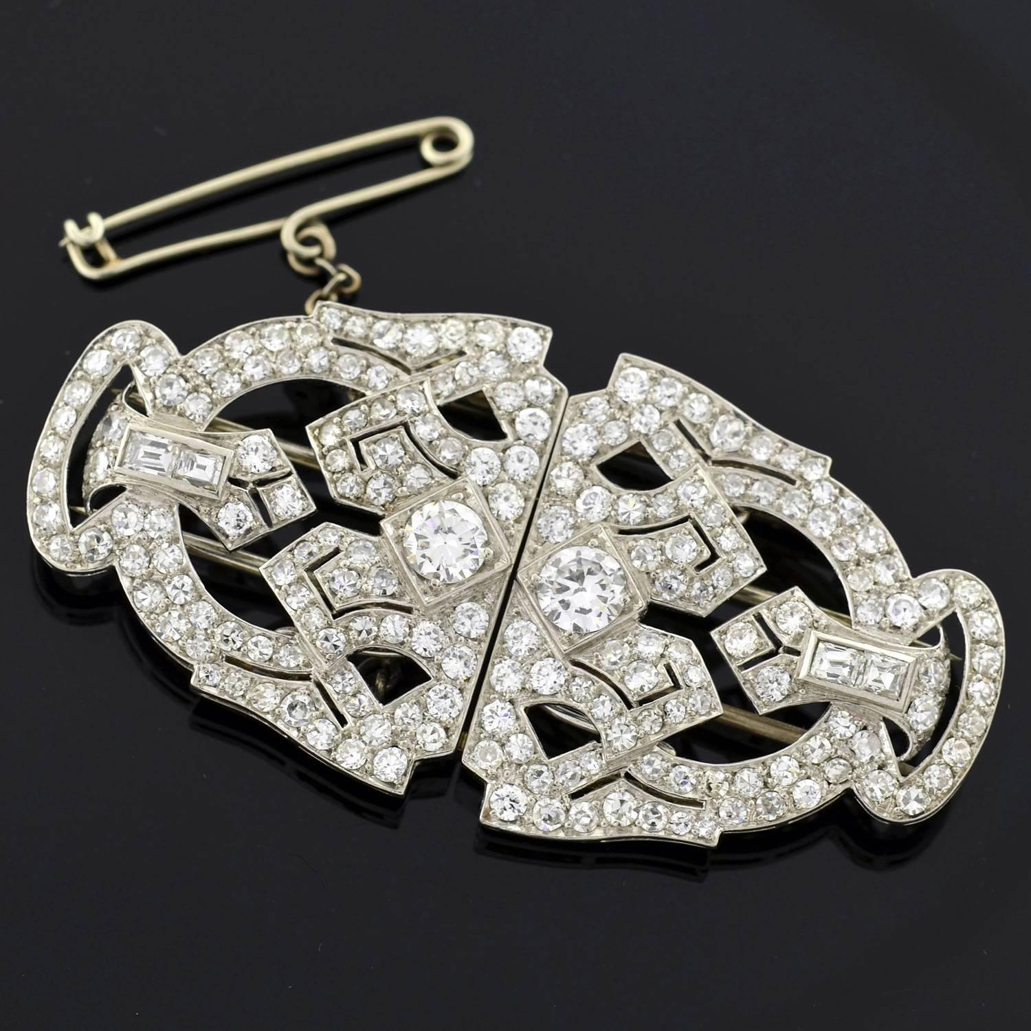 Art Deco Diamond Platinum Encrusted Pin Clips In Excellent Condition For Sale In Narberth, PA