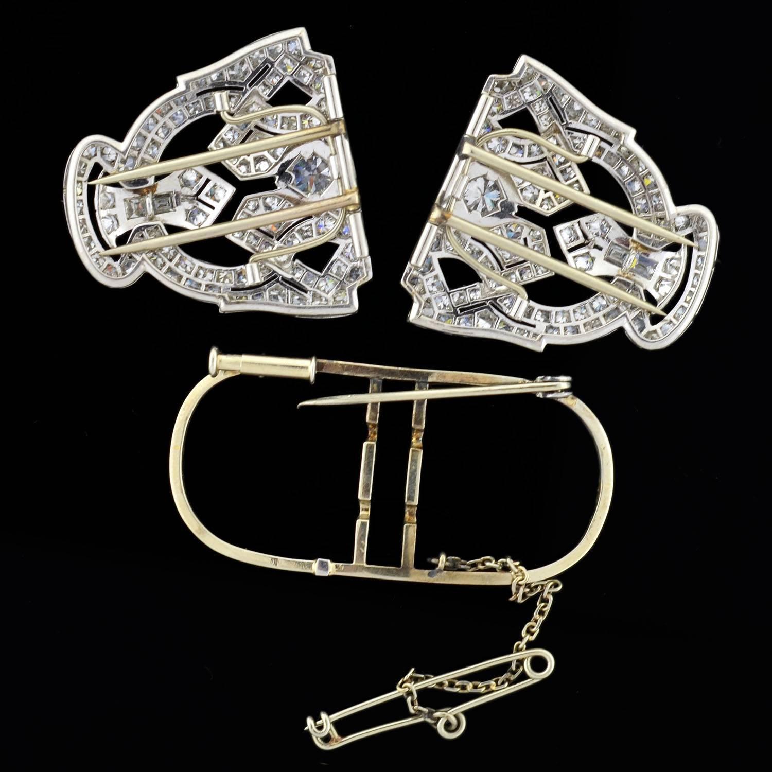 Art Deco Diamond Platinum Encrusted Pin Clips For Sale 1