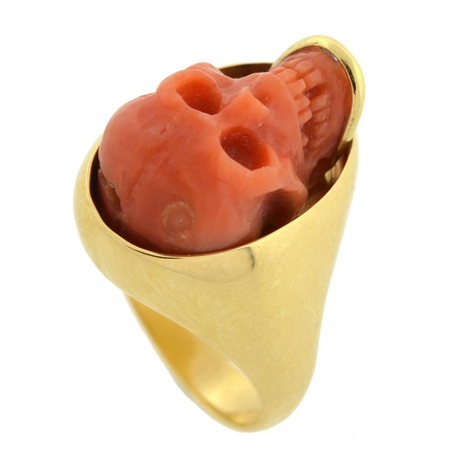 Victorian Style Hand Carved Natural Coral Skull Ring In Good Condition For Sale In Narberth, PA