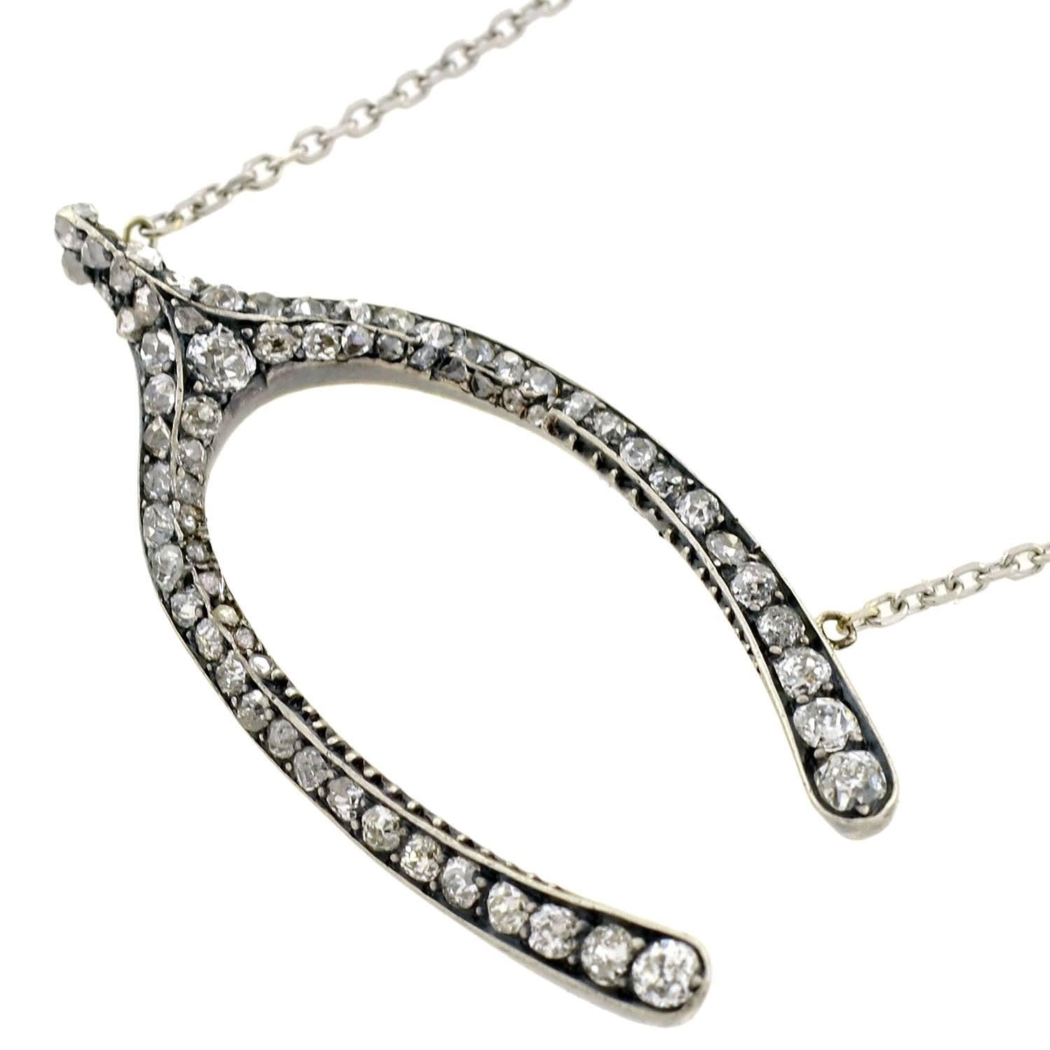 Victorian Silver Topped Diamond Wishbone Pendant Necklace 1