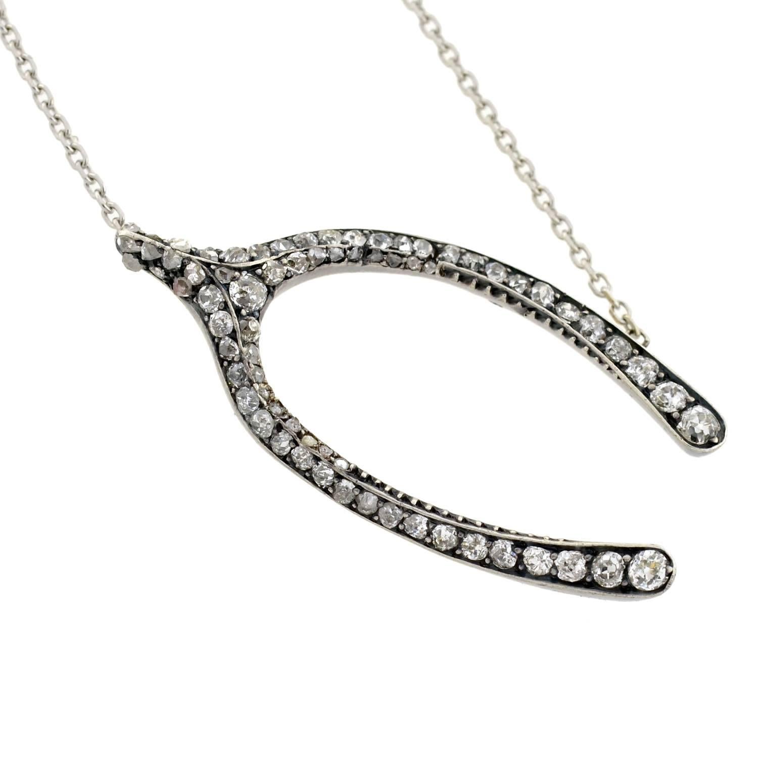 Victorian Silver Topped Diamond Wishbone Pendant Necklace In Excellent Condition In Narberth, PA