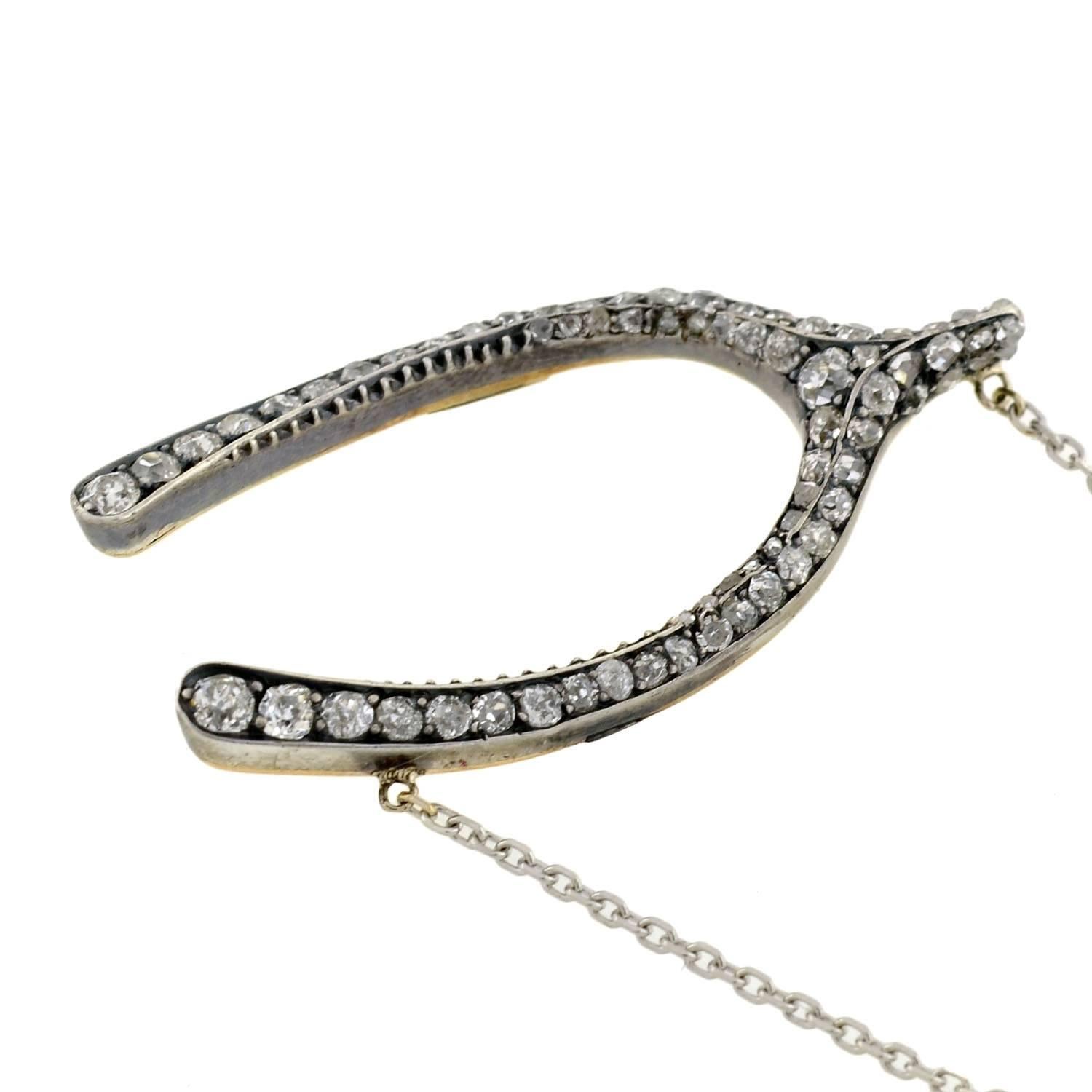 Victorian Silver Topped Diamond Wishbone Pendant Necklace 2