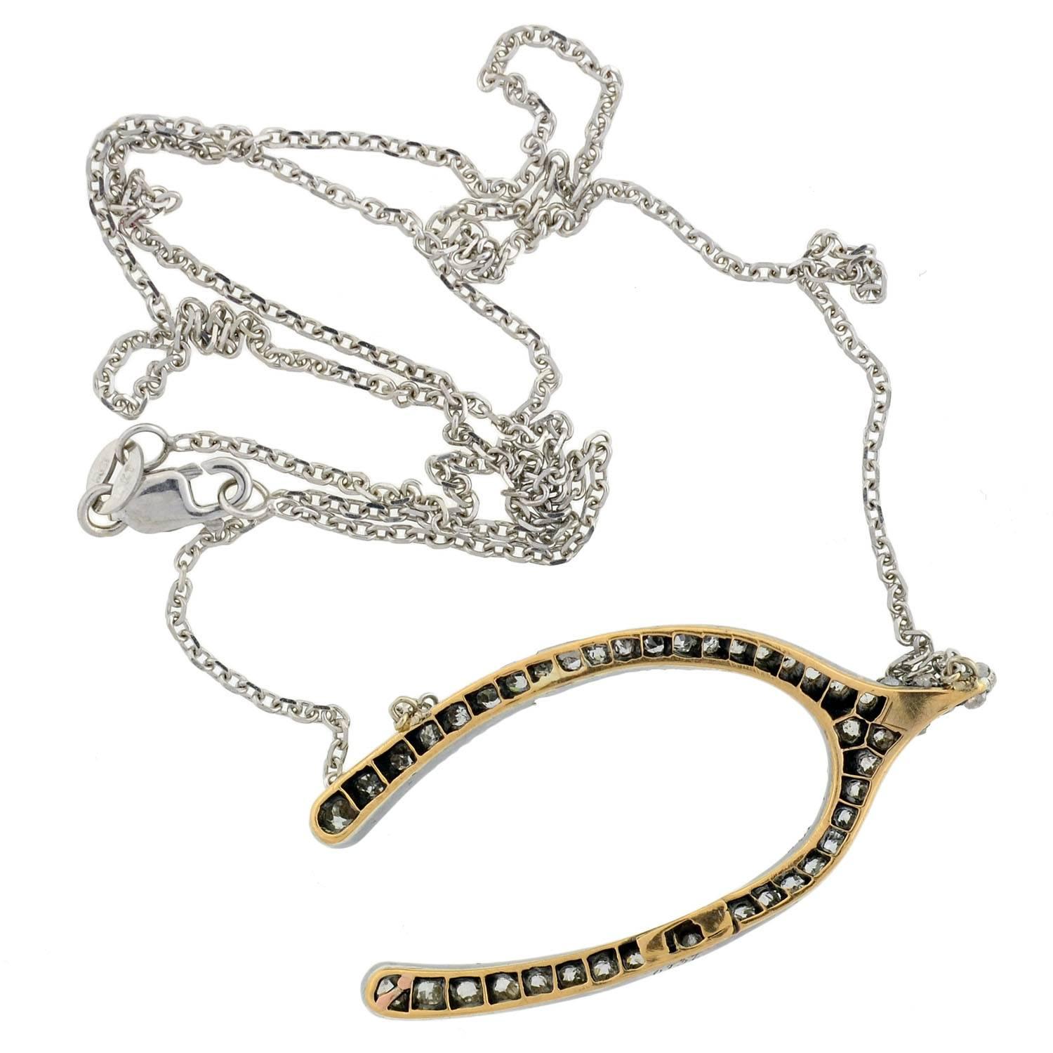 Victorian Silver Topped Diamond Wishbone Pendant Necklace 3