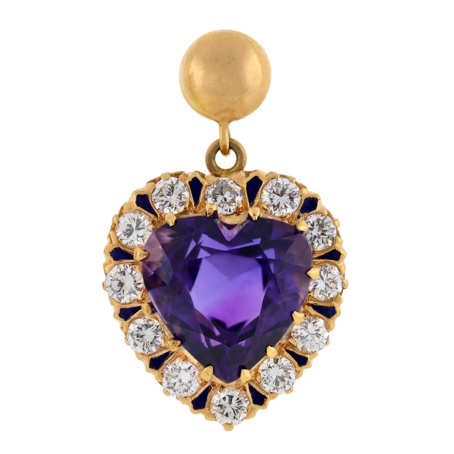 Victorian Retro Amethyst Diamond Gold Enameled Heart Earrings