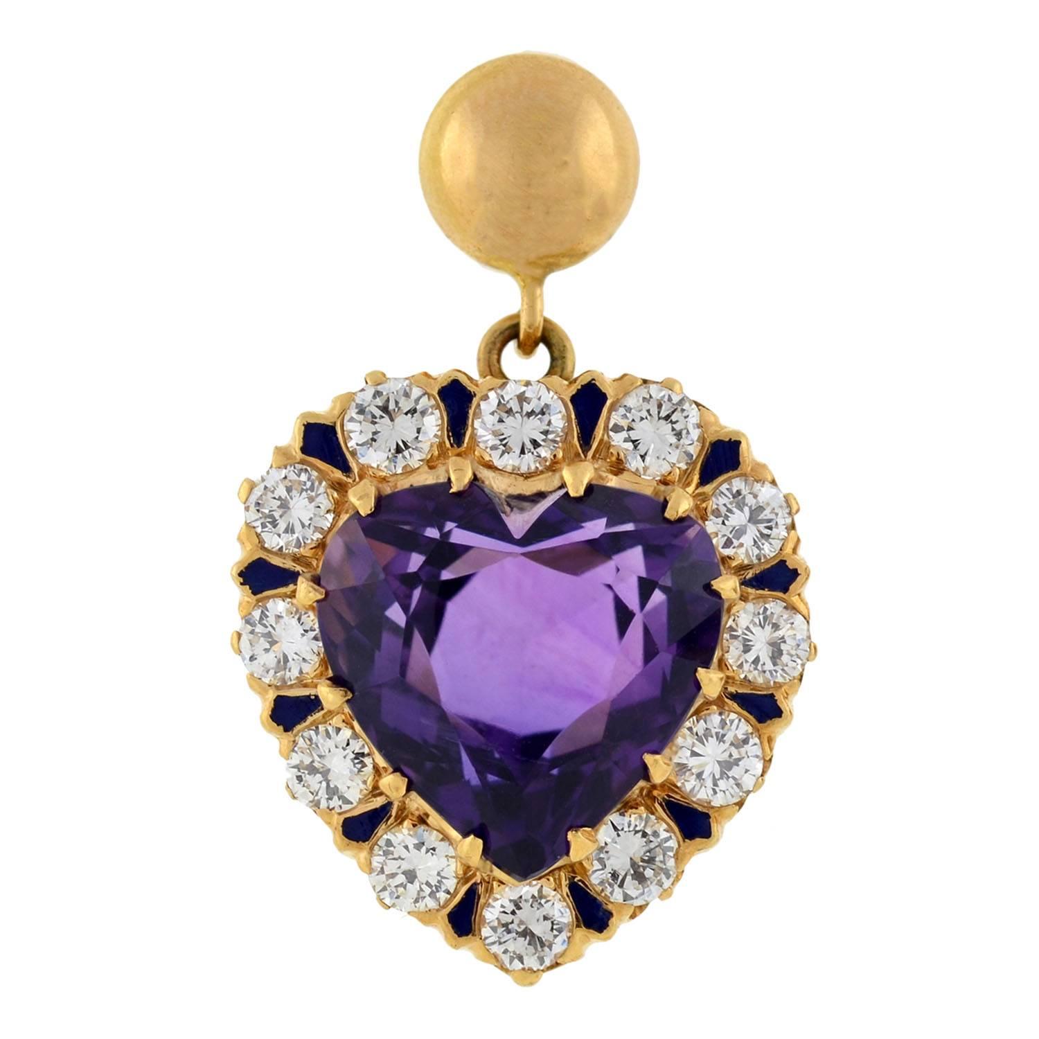 Extraordinary Victorian revival amethyst and diamond earrings from the Retro (ca1940) era! Each earring is made of 14kt yellow gold and detailed with amethyst stones, diamonds and enameling. In the center of each is a single heart-shaped amethyst
