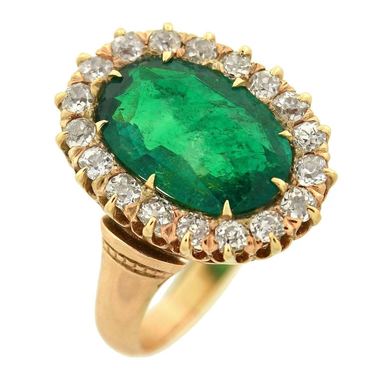 Women's Victorian Natural Colombian Emerald & Diamond Ring 4.37ct center