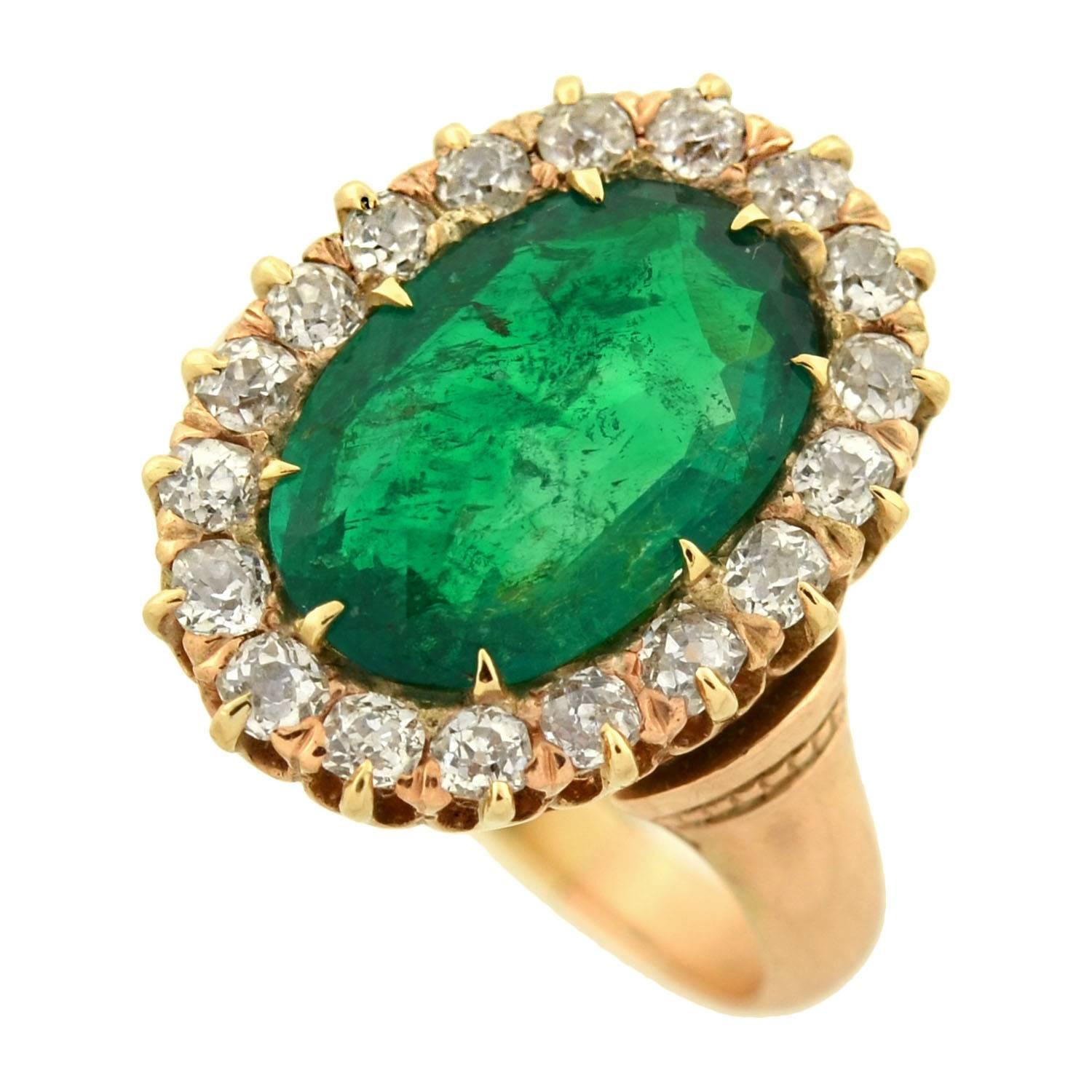 Victorian Natural Colombian Emerald & Diamond Ring 4.37ct center 1