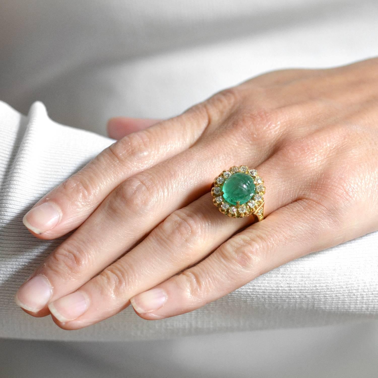 Women's or Men's Victorian Carved Scarab Emerald Diamond Gold Ring