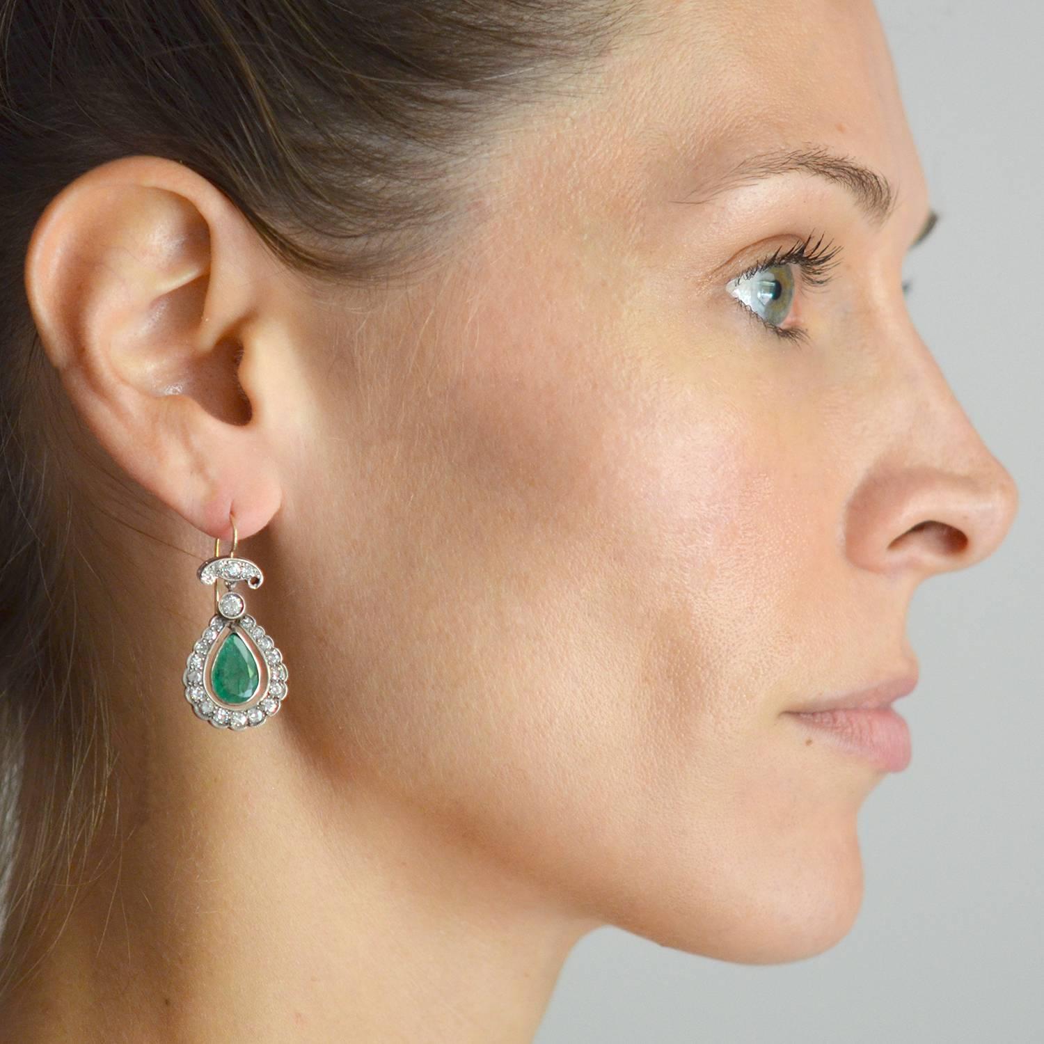 Edwardian Emerald Diamond Silver Gold Teardrop Earrings 4