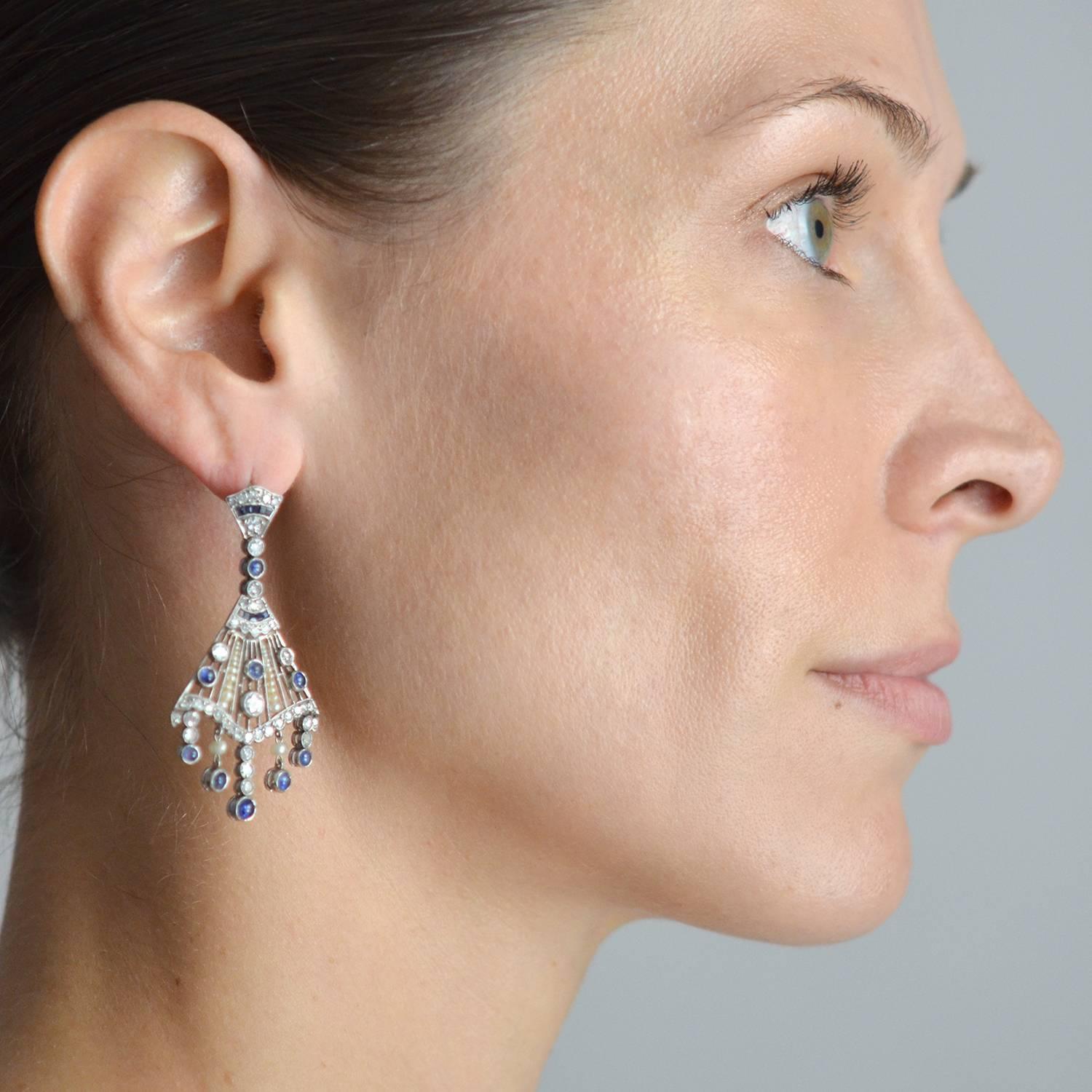 Contemporary Pearl Sapphire Diamond Chandelier Earrings 4