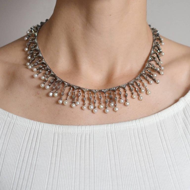 Victorian Rose Cut Diamond Natural Pearl Festoon Necklace at 1stDibs