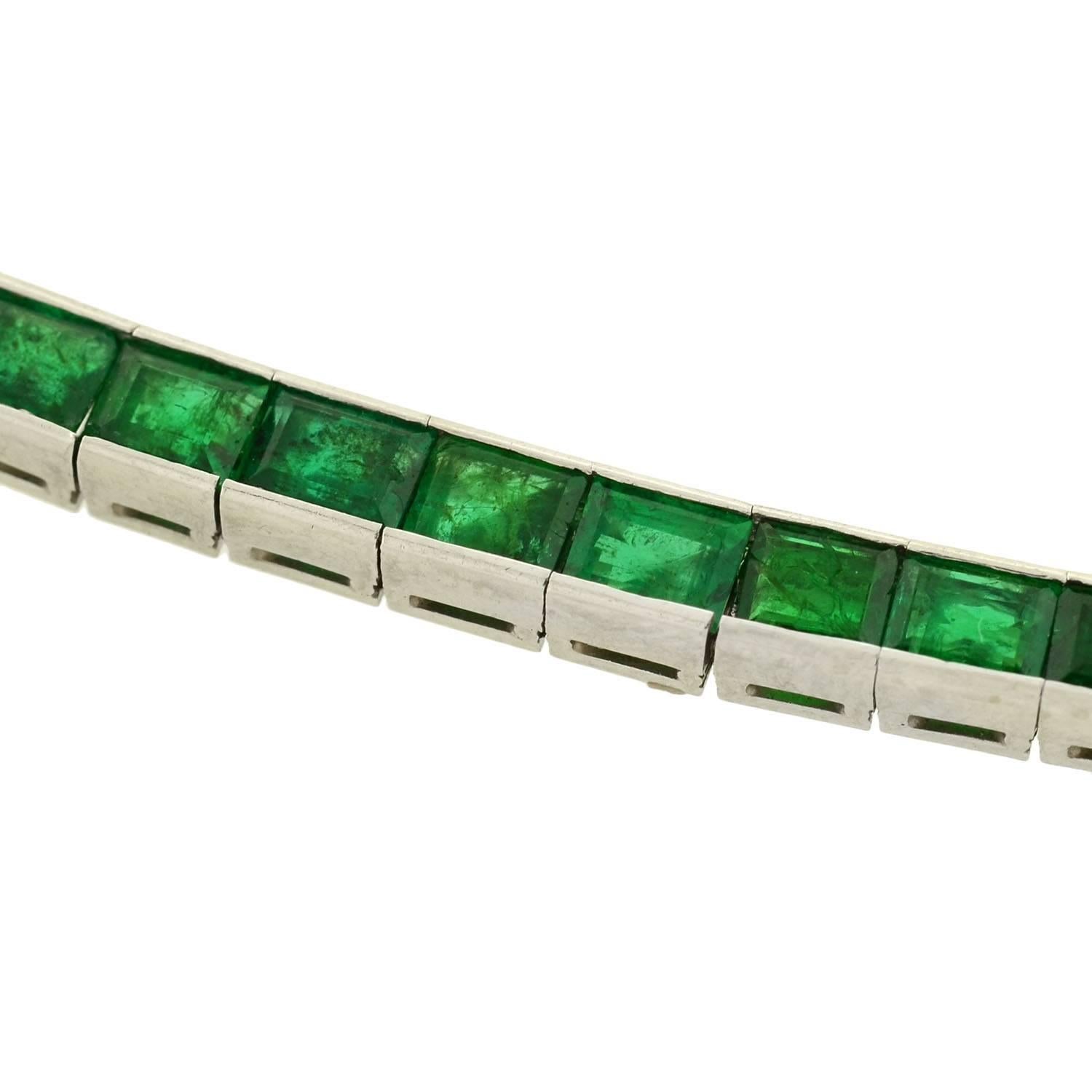 Art Deco Waslikoff Emerald platinum Line Bracelet  2