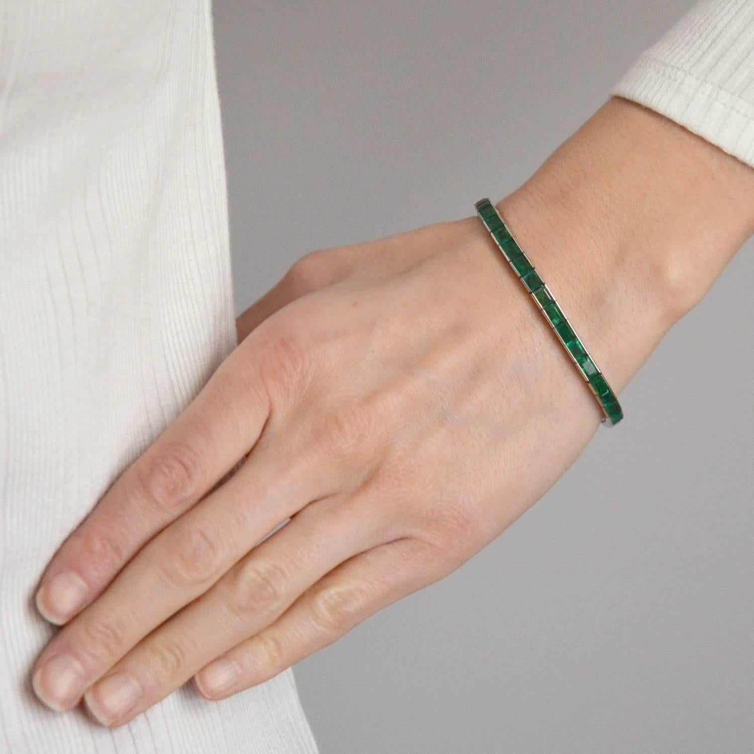 Art Deco Waslikoff Emerald platinum Line Bracelet  5