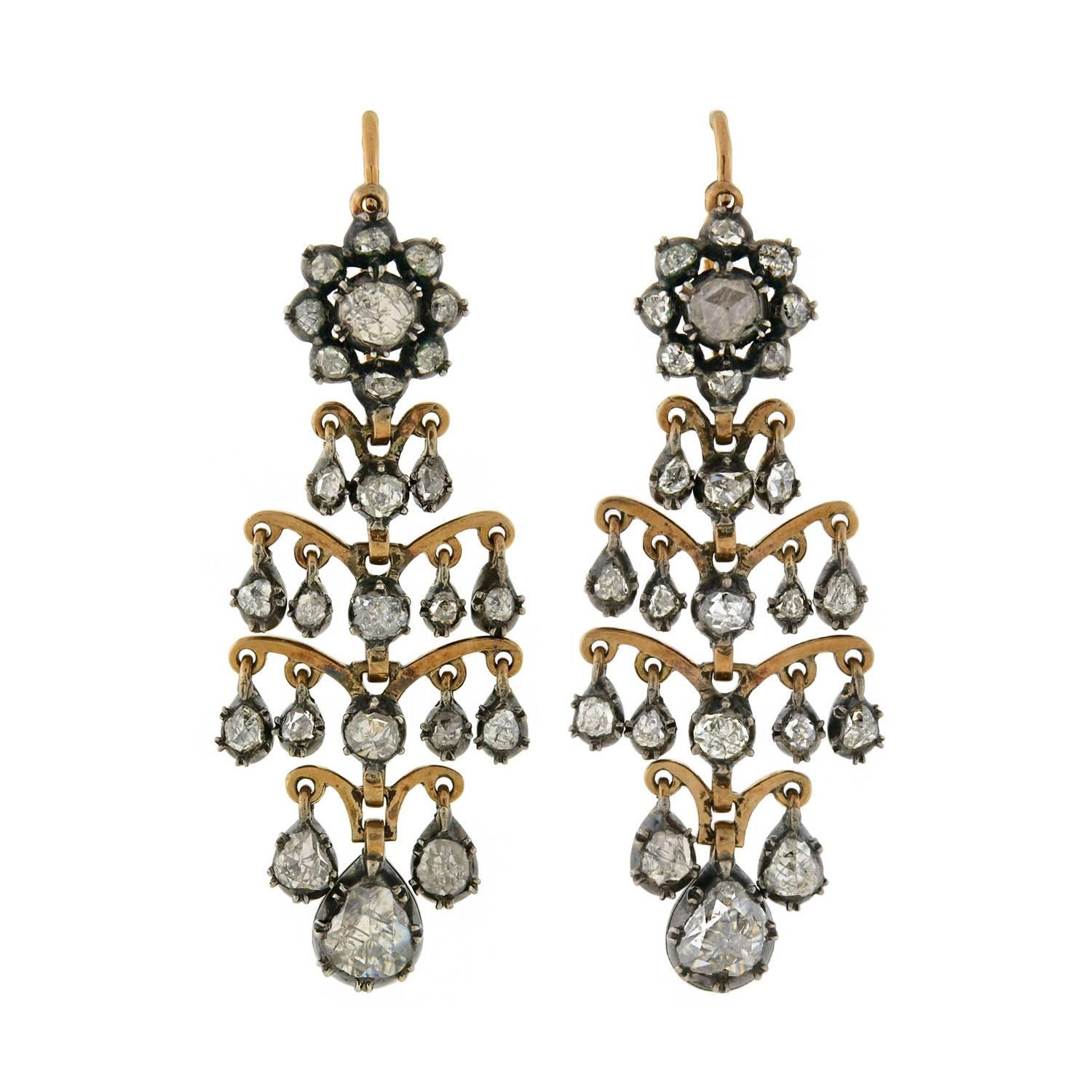 Antique French Dramatic Rose Cut Diamond Earrings 