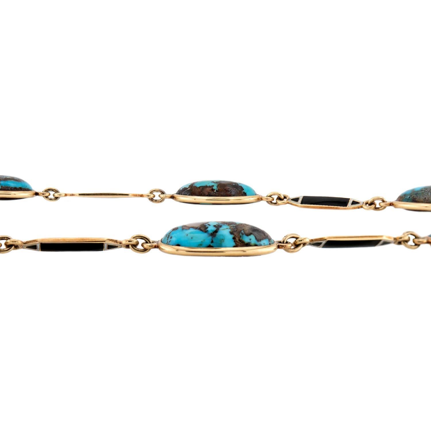 Art déco Art Deco 14k Turquoise and Enamel Link Necklace en vente