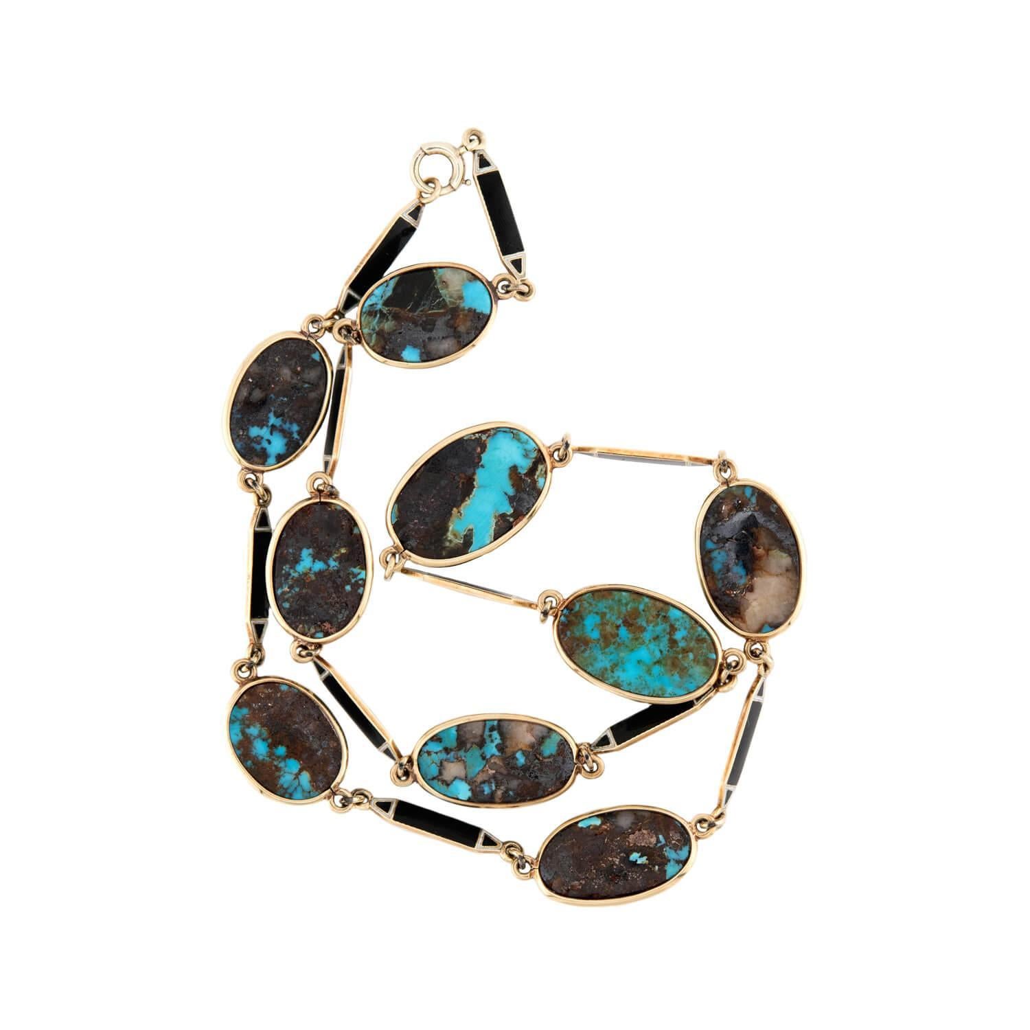Art Deco 14k Turquoise and Enamel Link Necklace Bon état - En vente à Narberth, PA