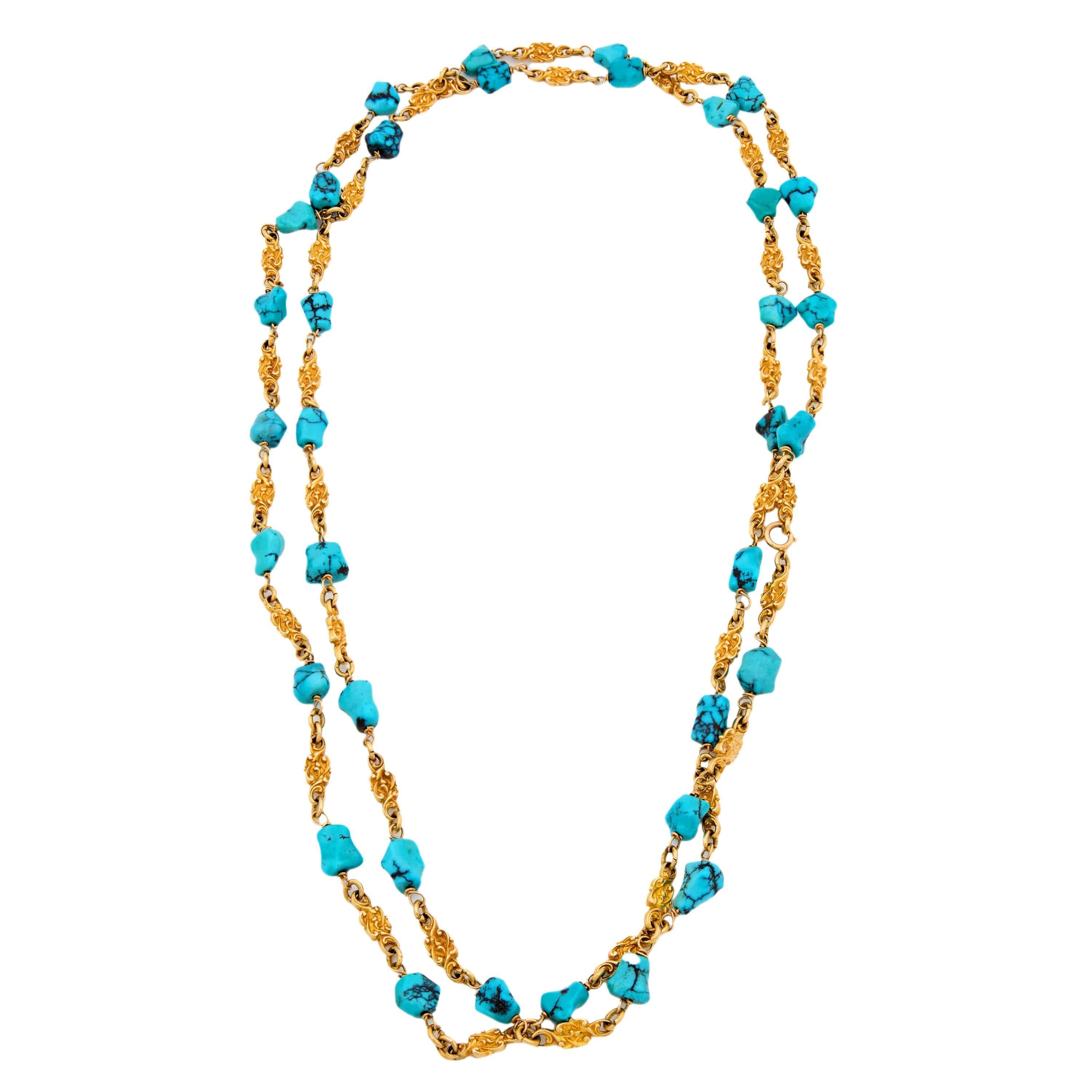 Bead Victorian 14k Turquoise Nugget Chain Necklace For Sale