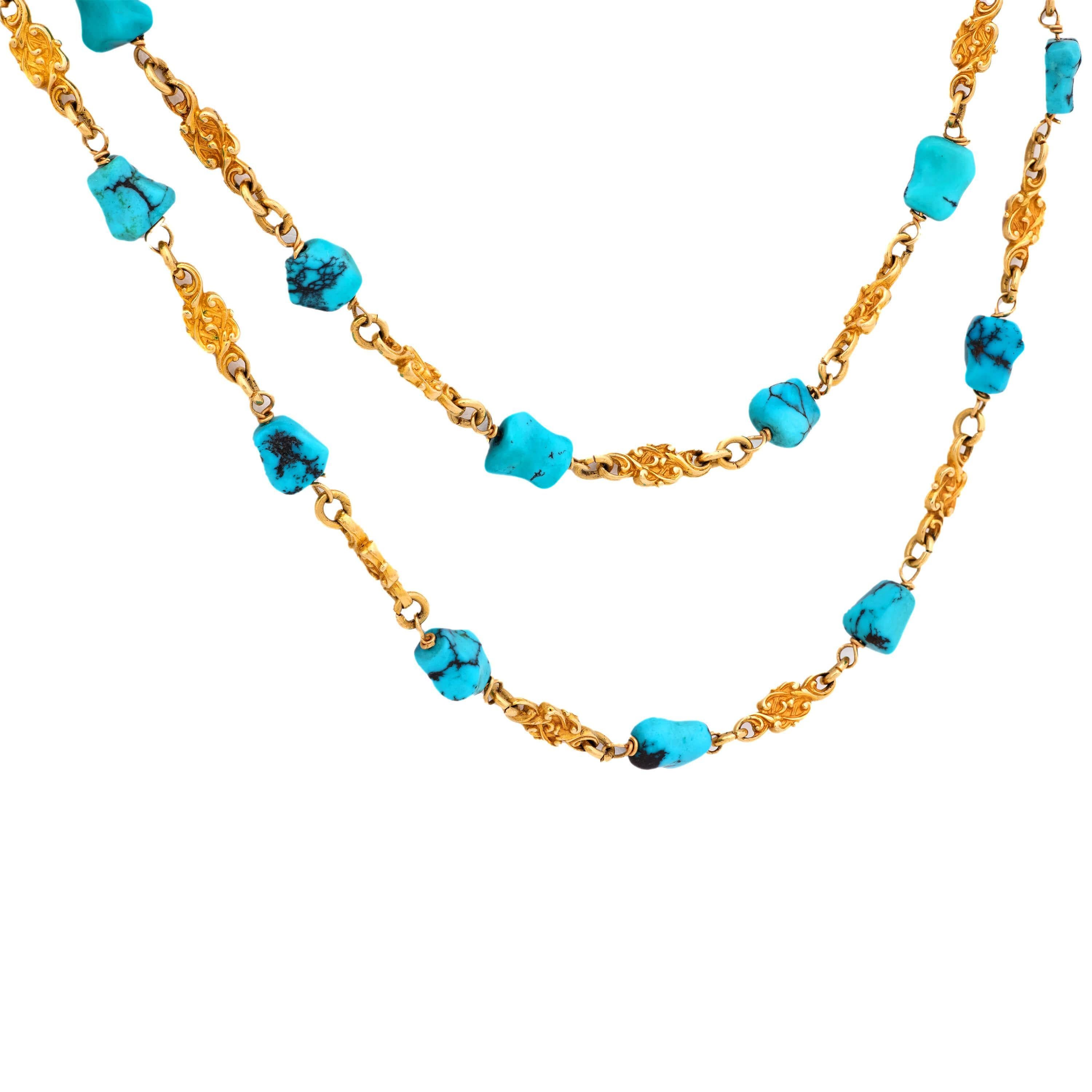 Victorian 14k Turquoise Nugget Chain Necklace In Good Condition For Sale In Narberth, PA