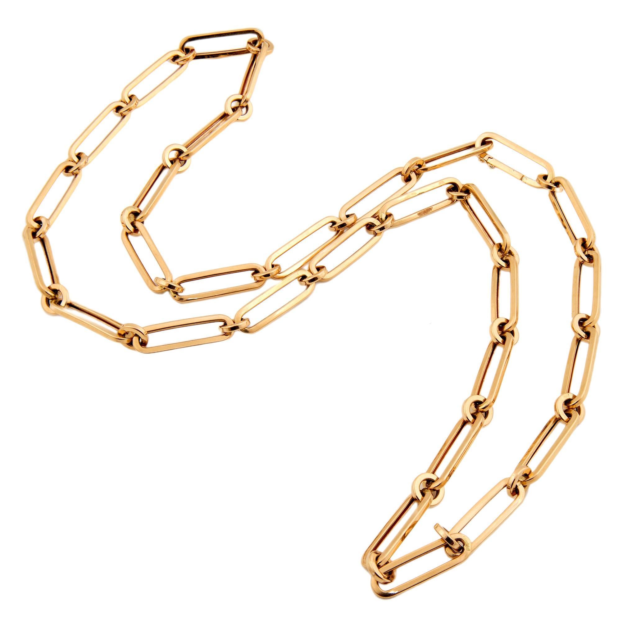 A fabulous estate paperclip link chain necklace! This classic piece is crafted in 18k yellow gold and is unusually large! The chain is comprised of elongated oval-shaped links which come together to form a flowing chain. The paperclip-inspired links