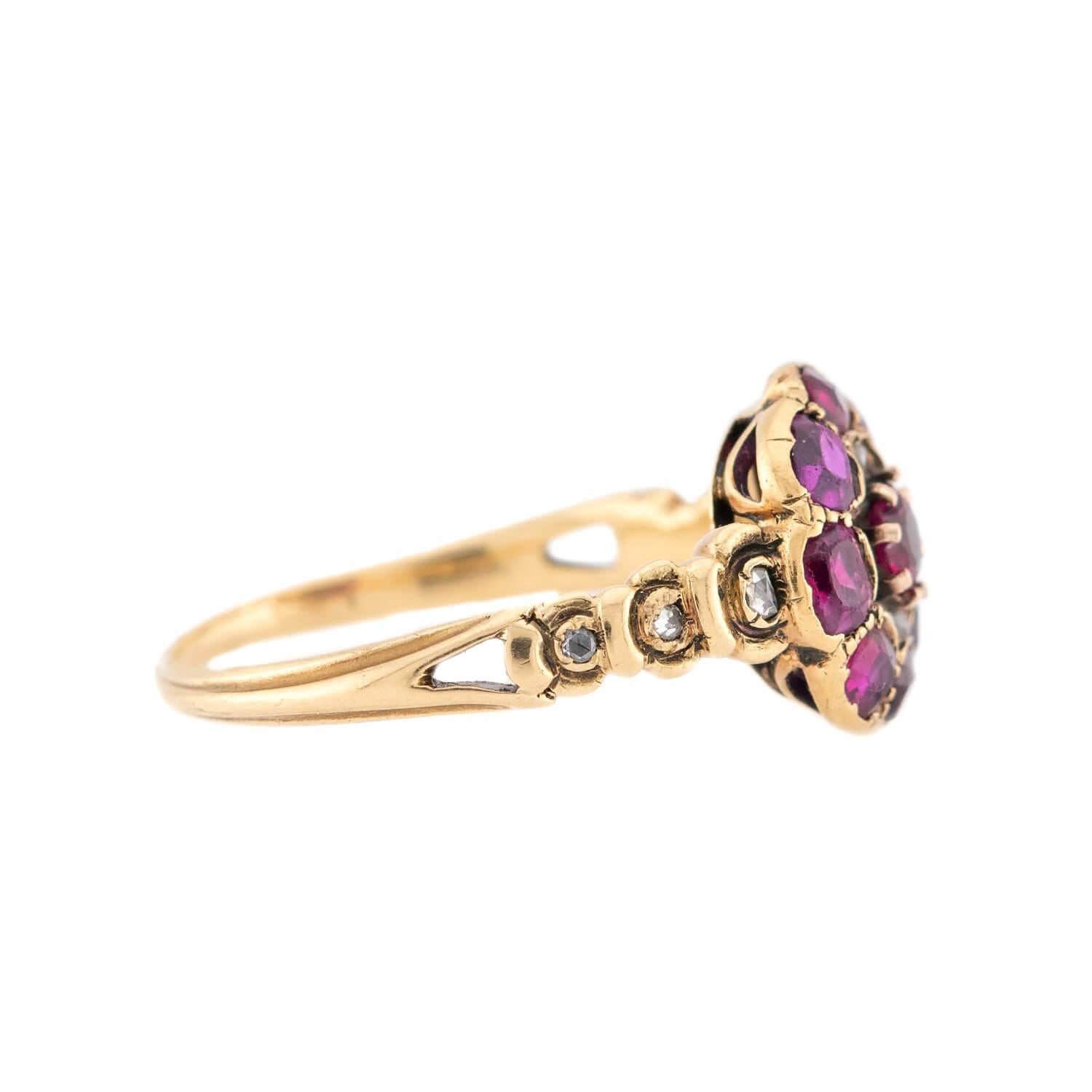 Mixed Cut Georgian 18k Ruby & Diamond Cluster Ring For Sale