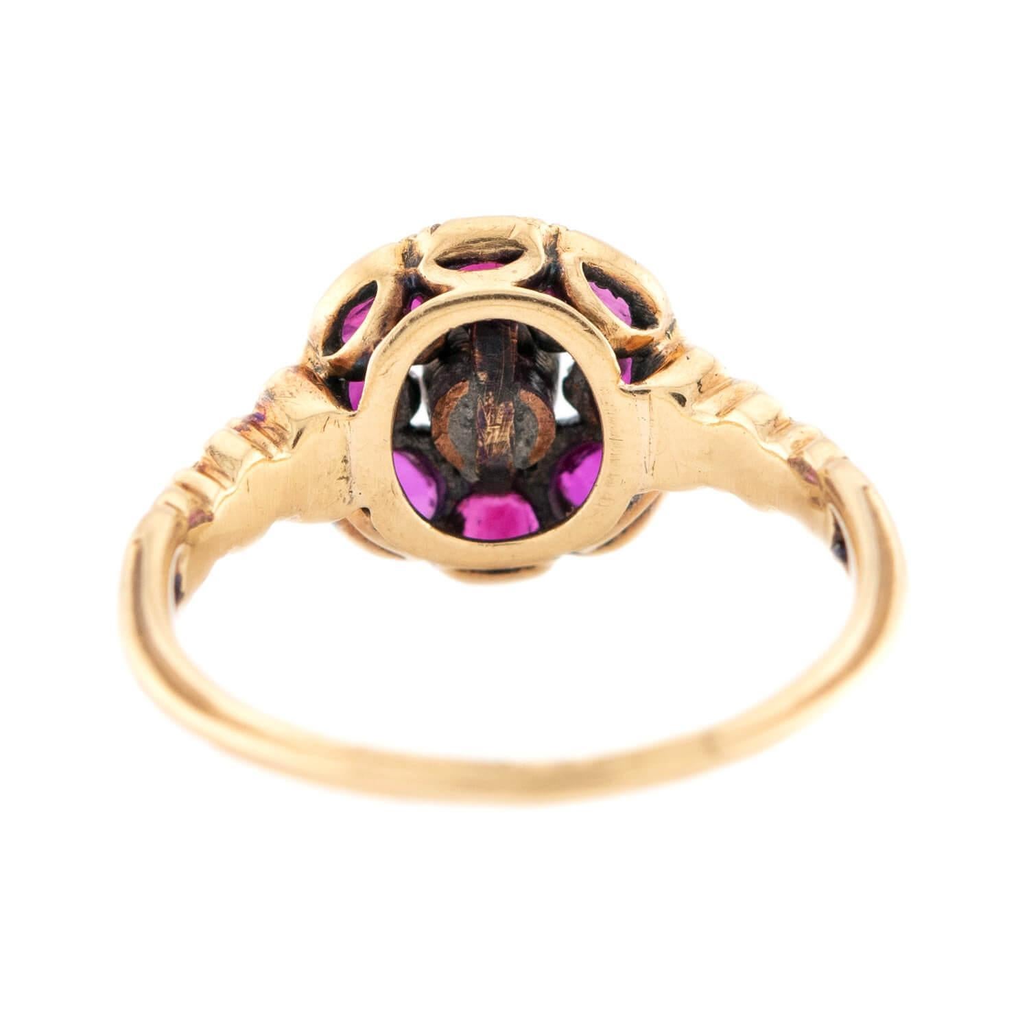 Women's Georgian 18k Ruby & Diamond Cluster Ring For Sale