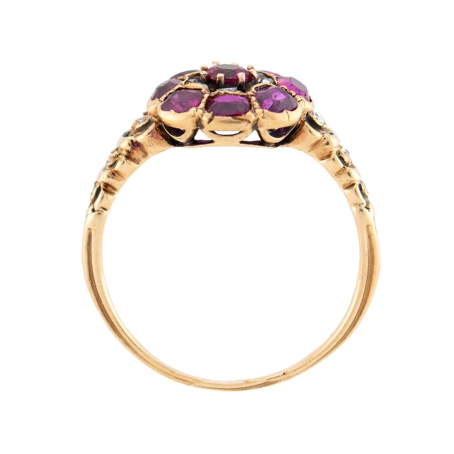 Georgian 18k Ruby & Diamond Cluster Ring In Good Condition For Sale In Narberth, PA