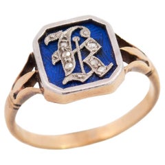 Antique Victorian 18k Diamond and Enamel "R" Ring