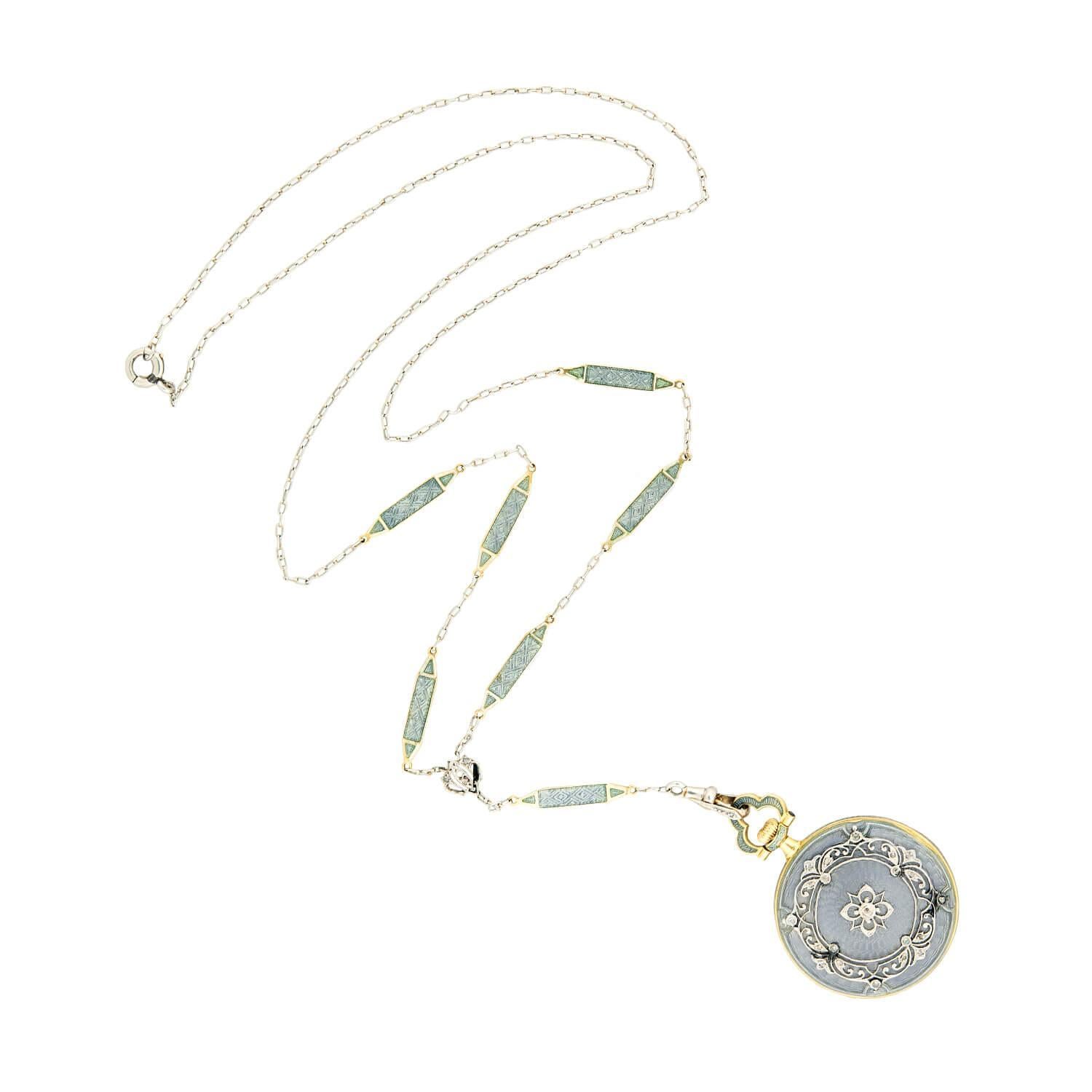 Edwardian 18k/Platinum Blue Enameled Pocket Watch and Lorgnette Chain For Sale