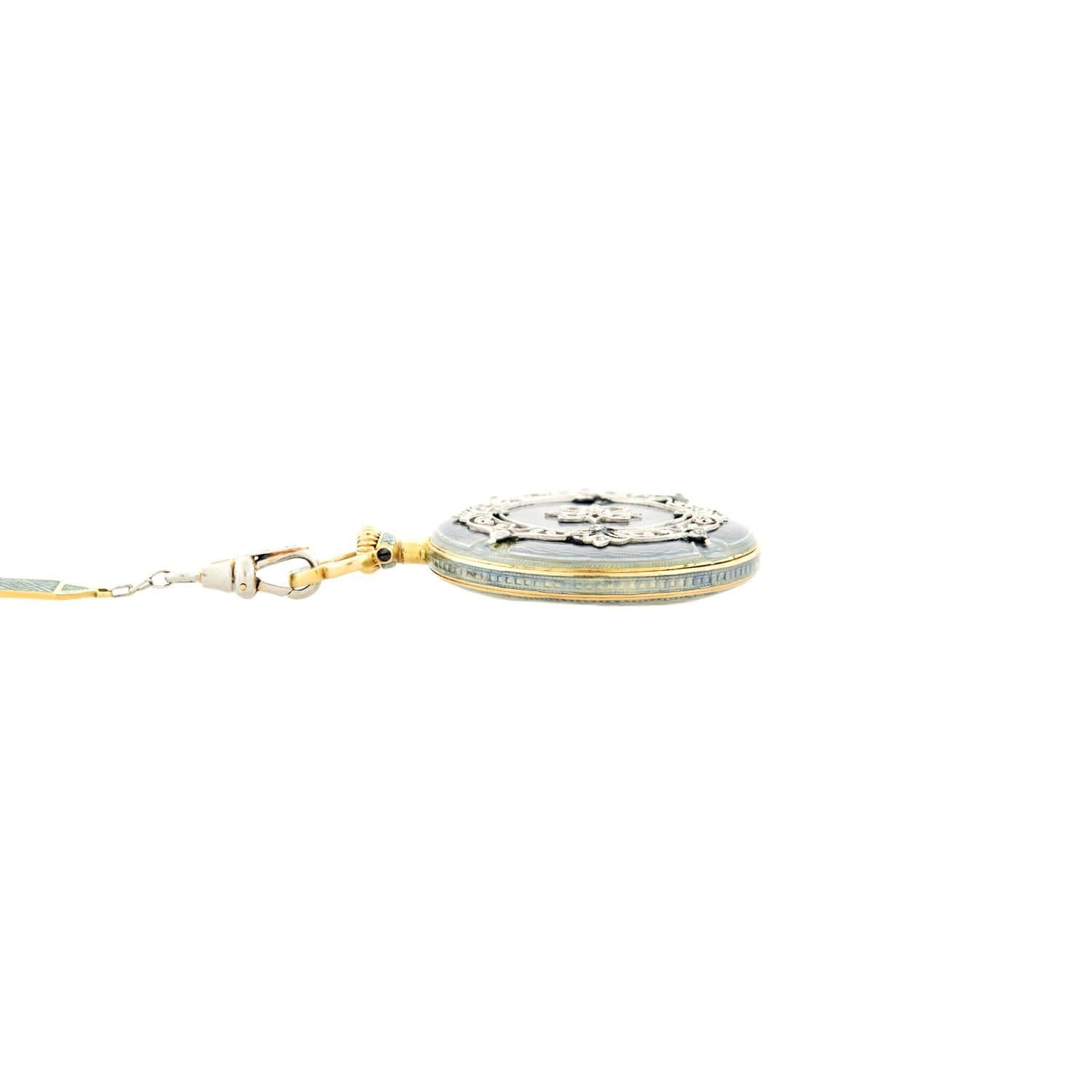 Women's Edwardian 18k/Platinum Blue Enameled Pocket Watch and Lorgnette Chain For Sale