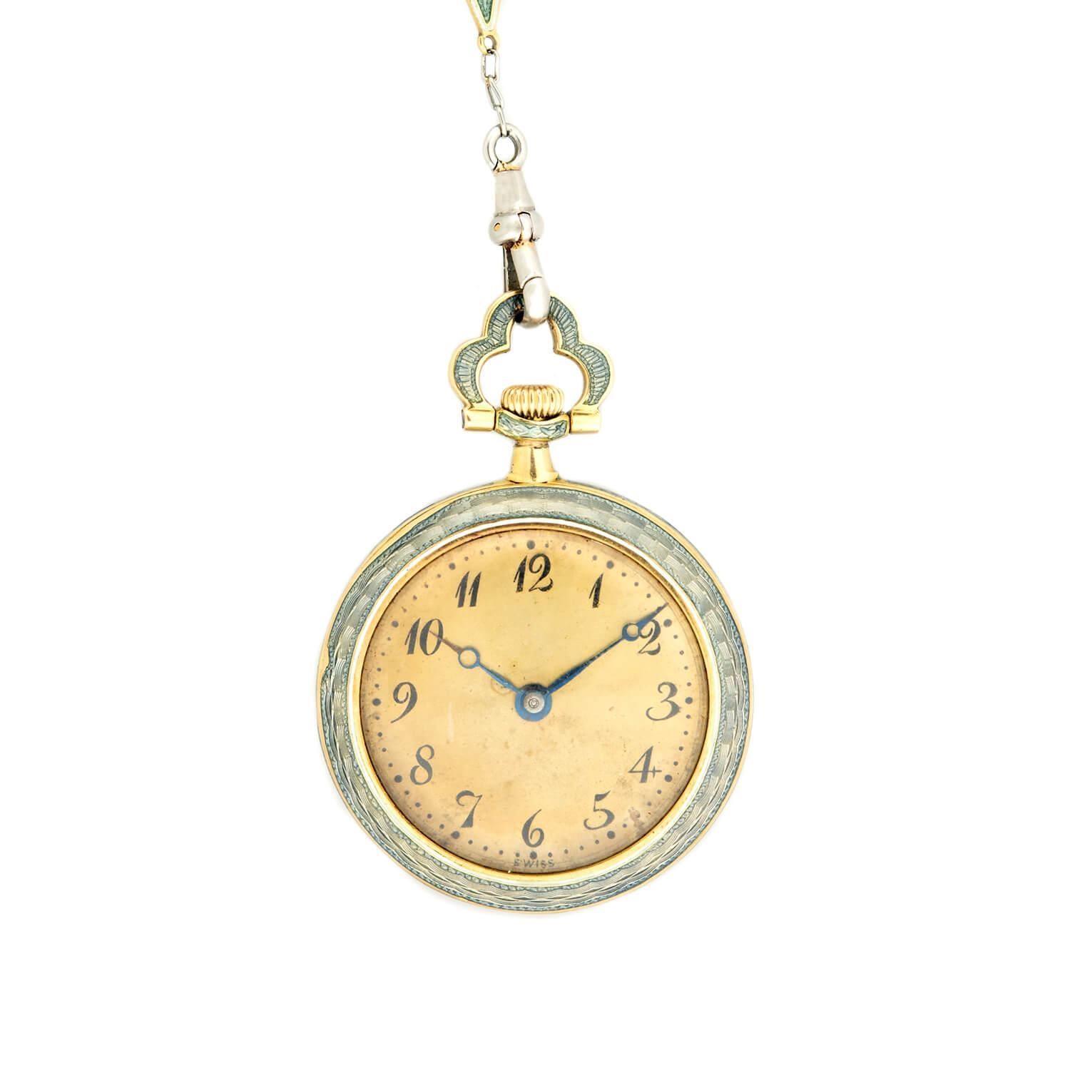Edwardian 18k/Platinum Blue Enameled Pocket Watch and Lorgnette Chain For Sale 1