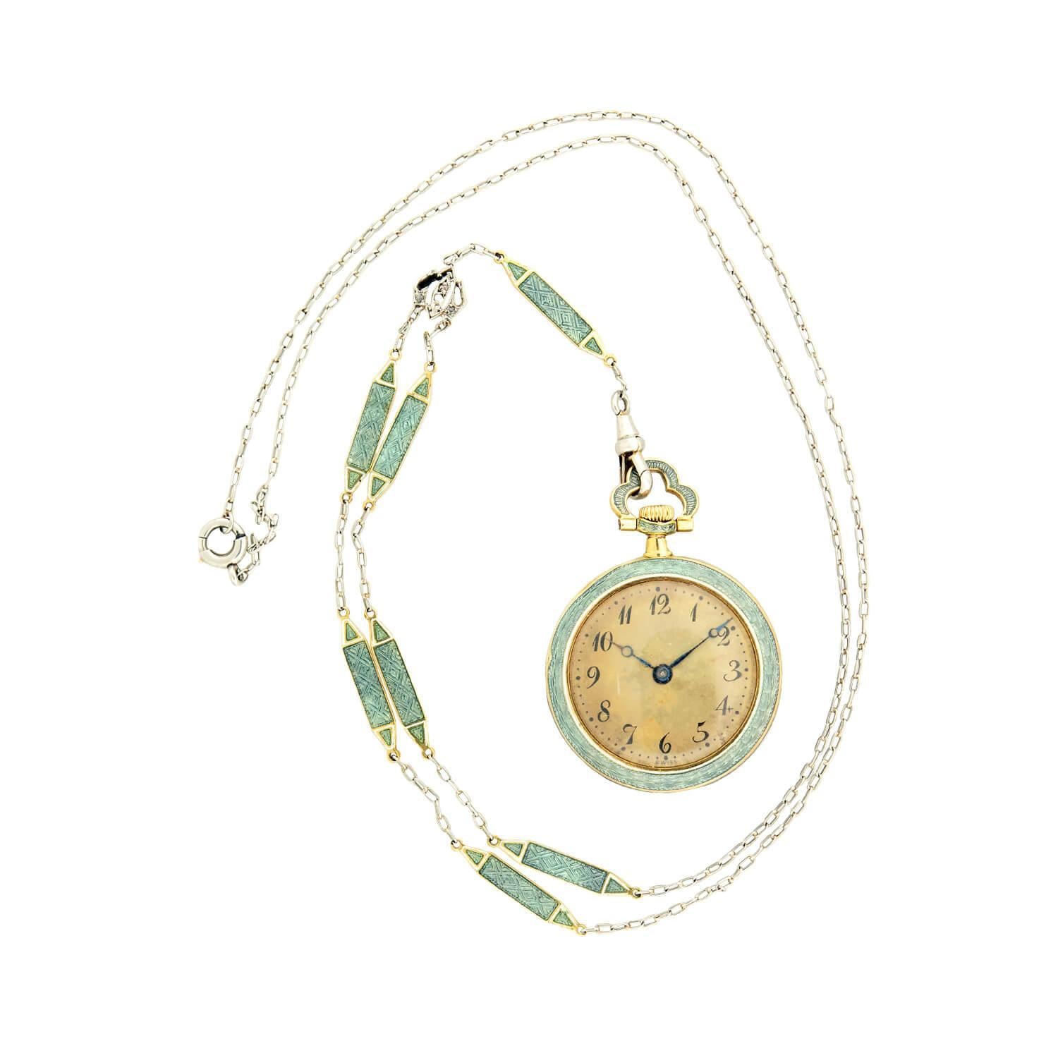 Edwardian 18k/Platinum Blue Enameled Pocket Watch and Lorgnette Chain For Sale 2