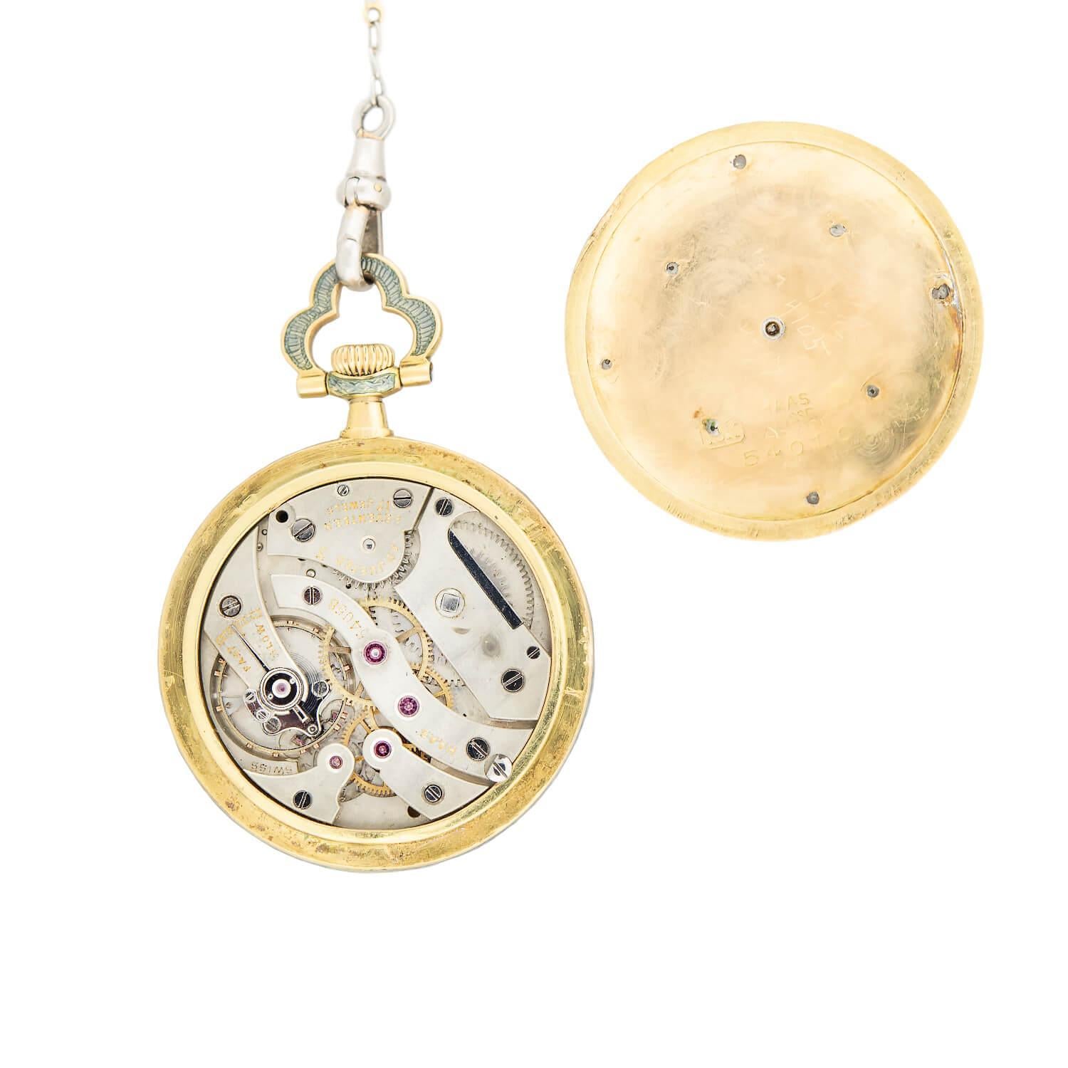 Edwardian 18k/Platinum Blue Enameled Pocket Watch and Lorgnette Chain For Sale 3