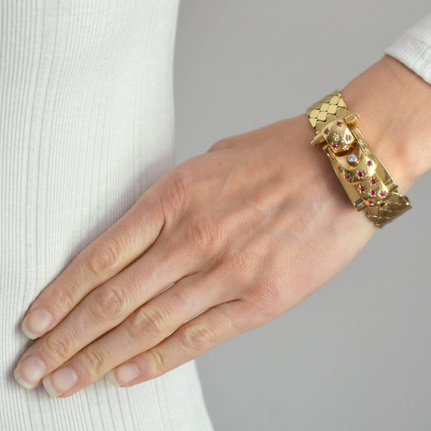 Retro Yellow Gold Diamond Ruby Buckle Bracelet Wristwatch 4