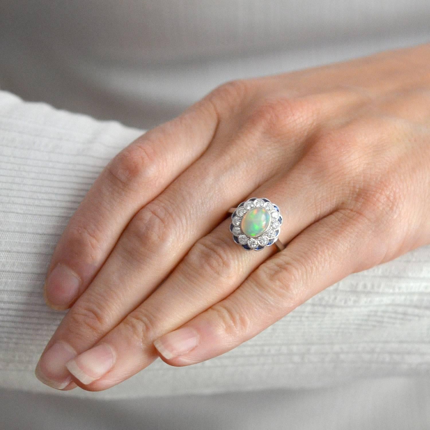 Contemporary Opal Sapphire Diamond White Gold Ring 2