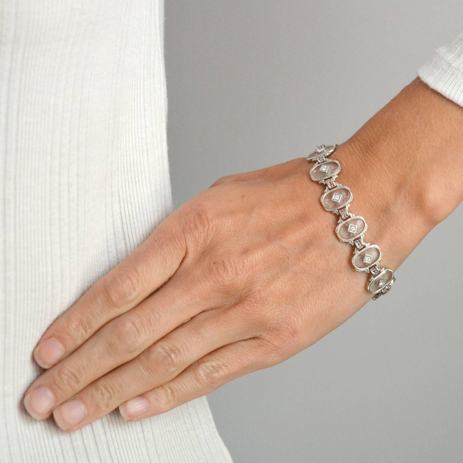 Krementz Art Deco Reverse Carved Rock Crystal Diamond Link Bracelet For Sale 2