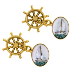Used Reverse Carved Rock Crystal Sailboat Nautical Cufflinks