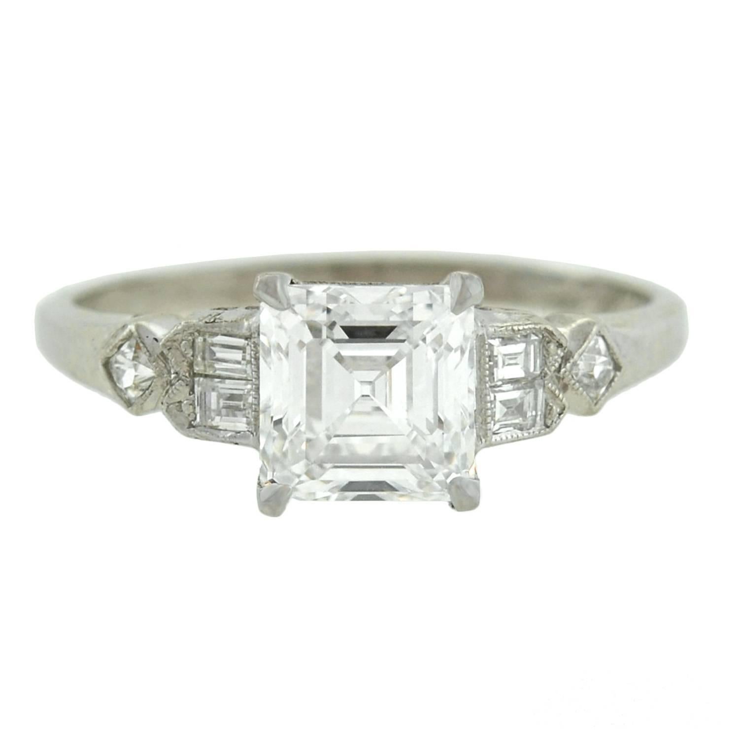 Retro GIA Certified 1.39 Carat Square Emerald Cut Diamond Engagement Ring