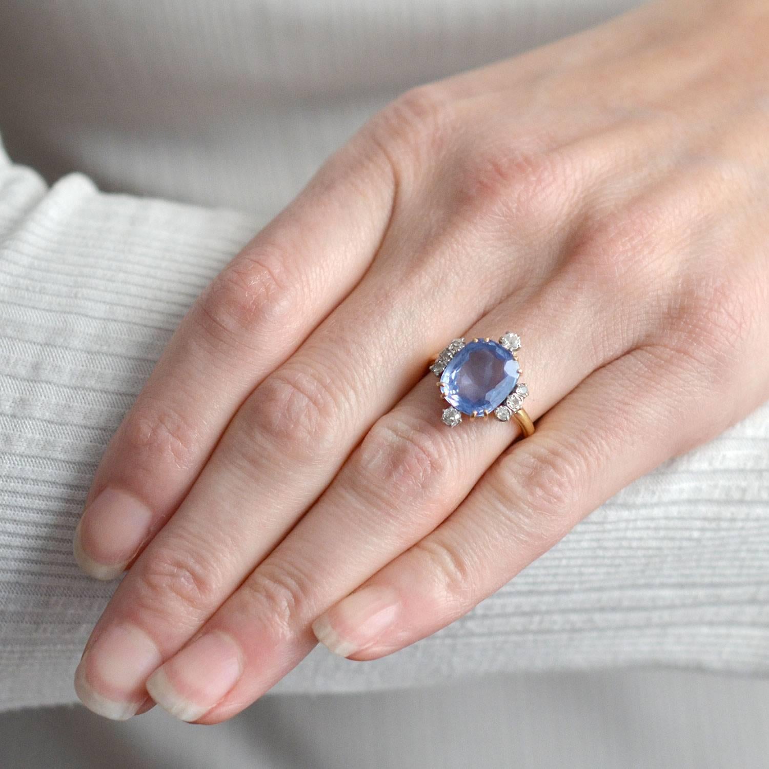 Edwardian 6.80 Carat Natural Ceylon Sapphire Diamond Ring In Excellent Condition In Narberth, PA