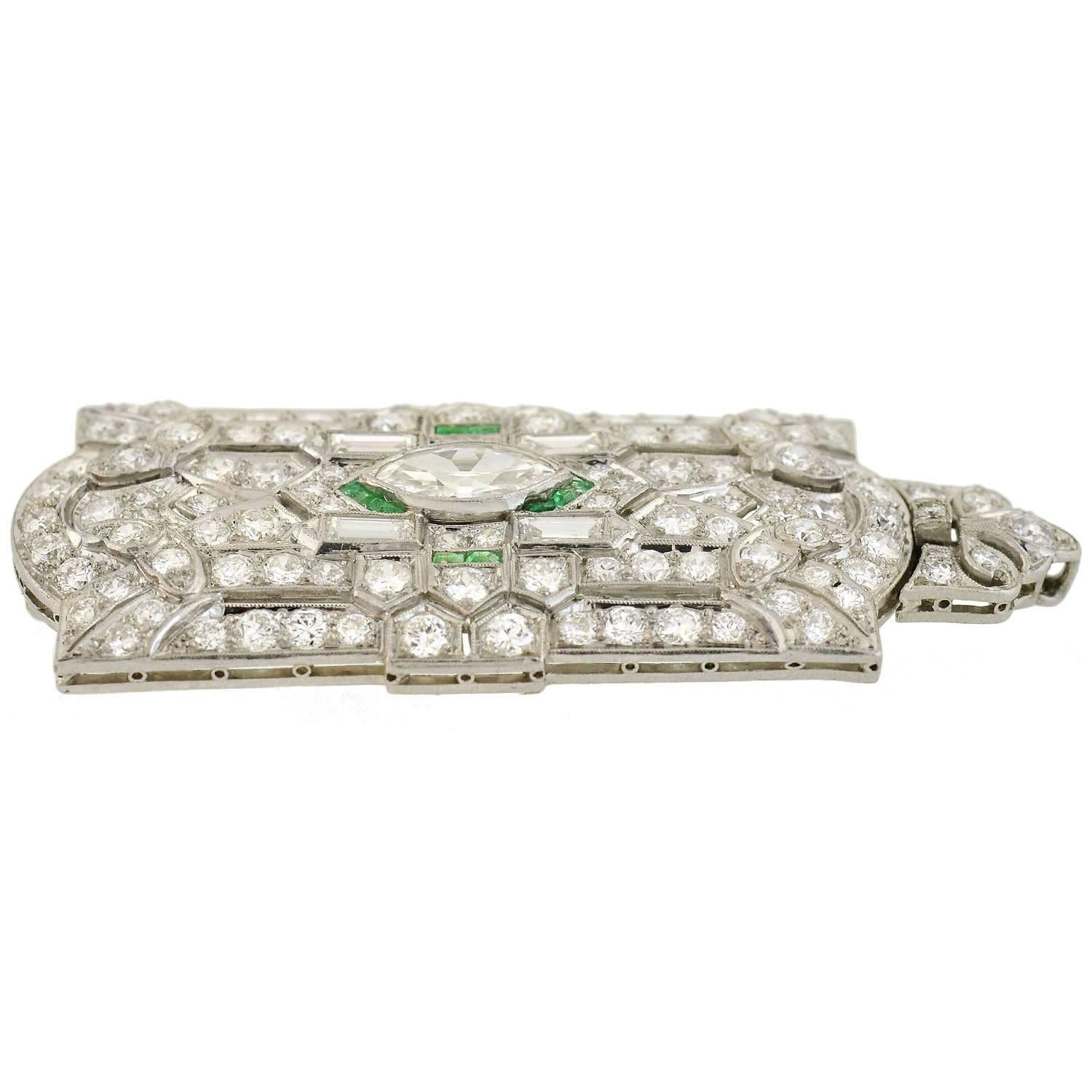 Women's Art Deco Emerald Diamond Encrusted Pin or Pendant with Removable Bail