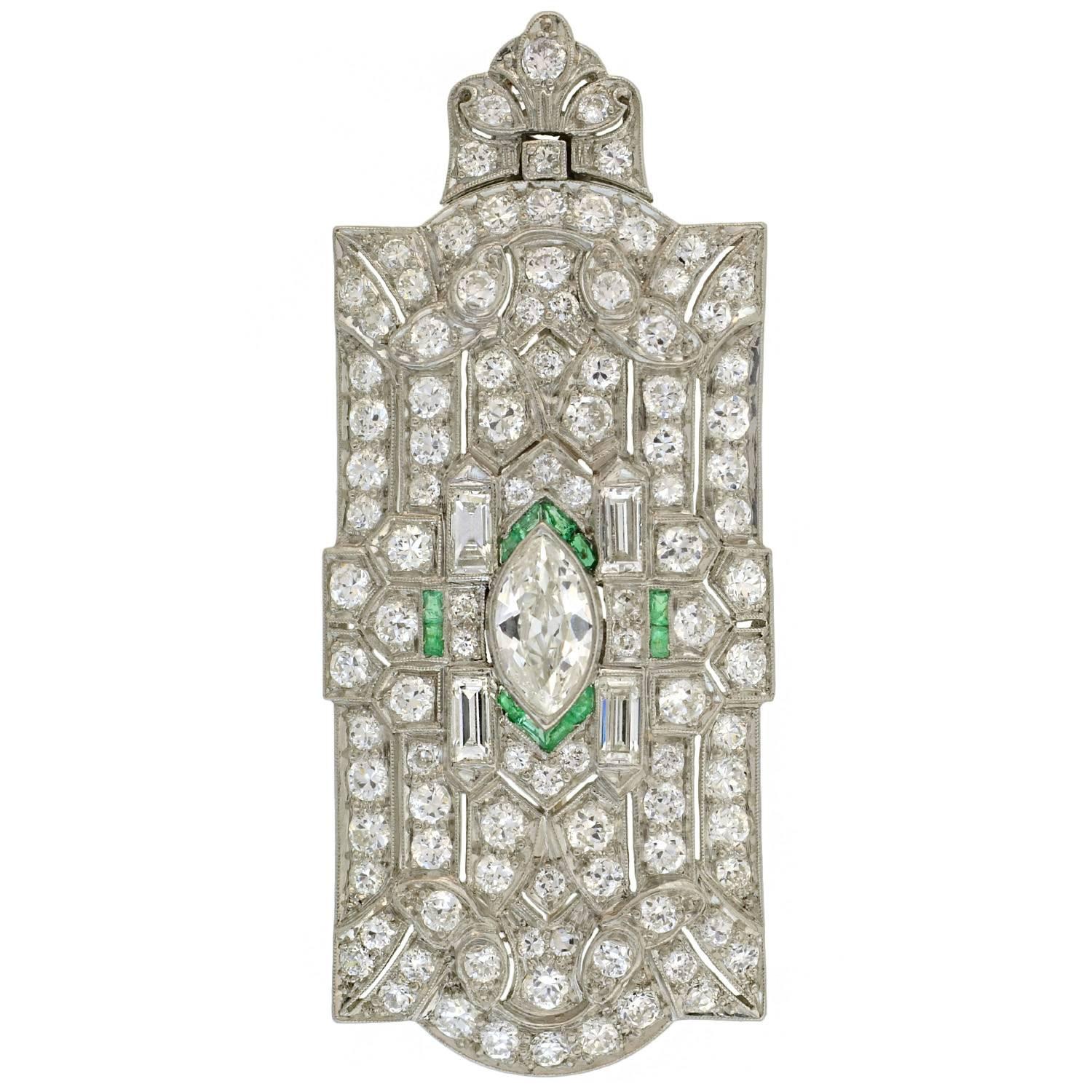 Art Deco Emerald Diamond Encrusted Pin or Pendant with Removable Bail